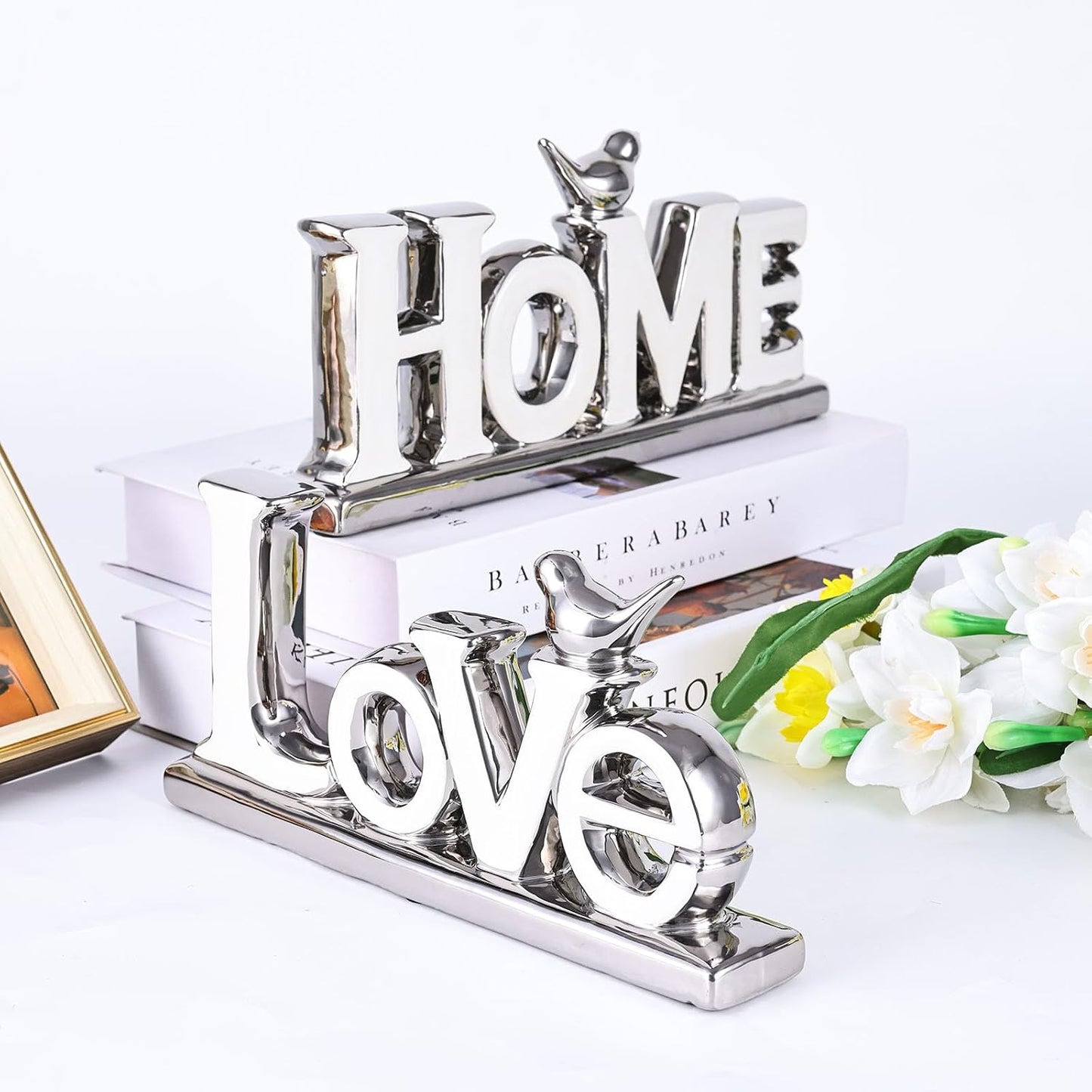 Statue / Personalized Bird Sculpture Chrome Style Figurine / White+silver / Love