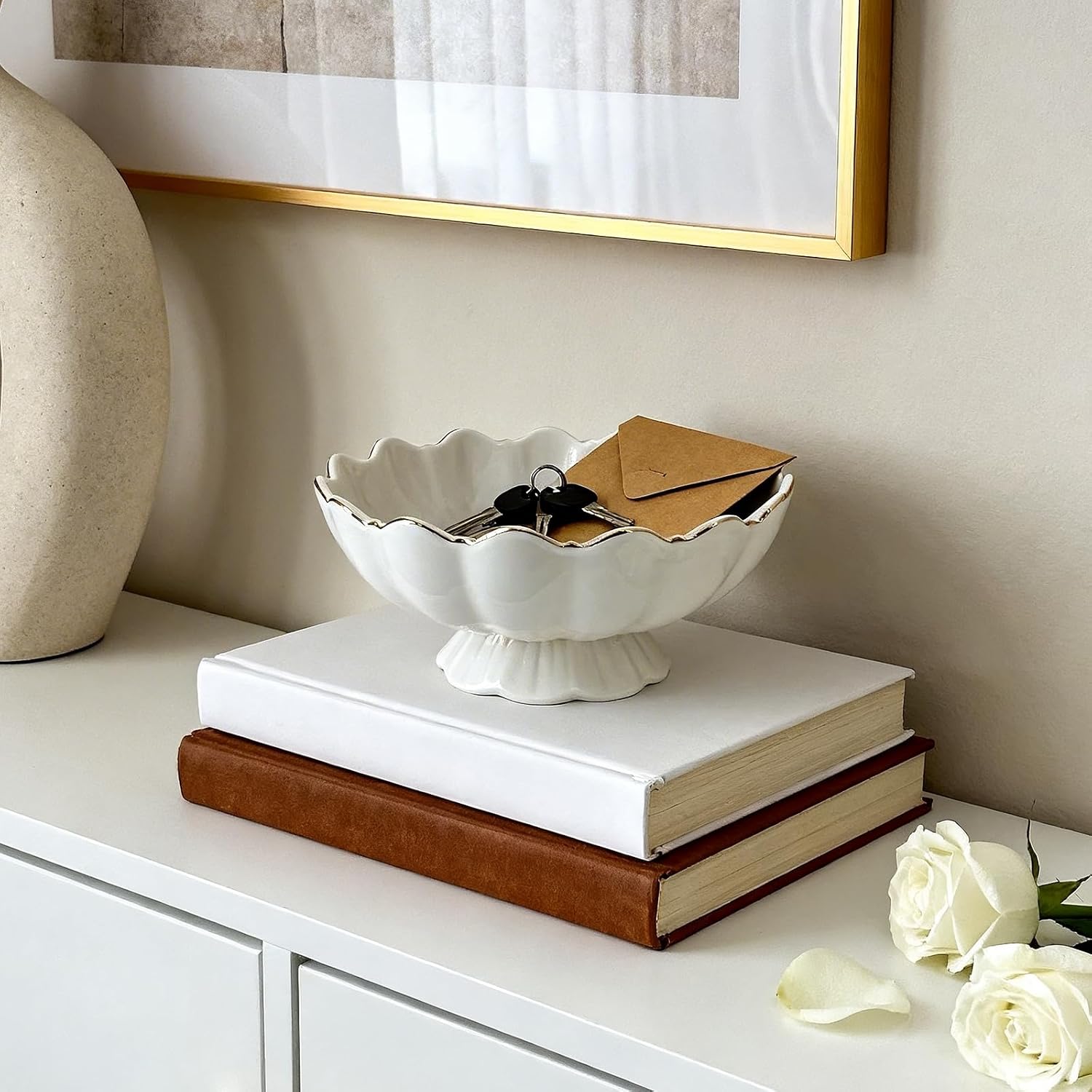 Small Decorative Bowl Ceramic Key & Fruit Bowl Ruffle Lotus Shape / 8 Inch / White