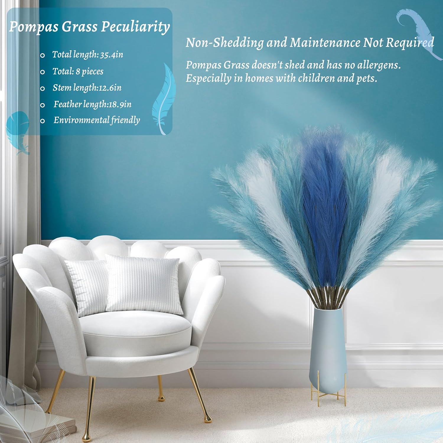 Non-Shedding Fluffy Artificial Bulrush / Light Blue / 3 Inch / Set of 9