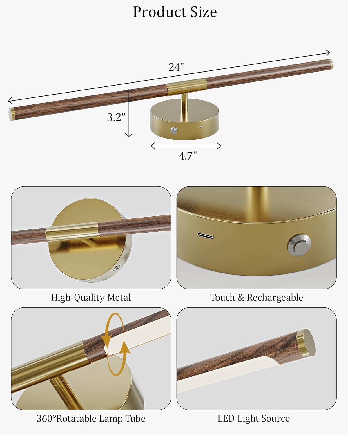 24" Battery Operated Wall Sconce Set of 2, 350° Rotating Lamp, Walnut Gold | Wireless, 8000mAh Rechargeable Battery