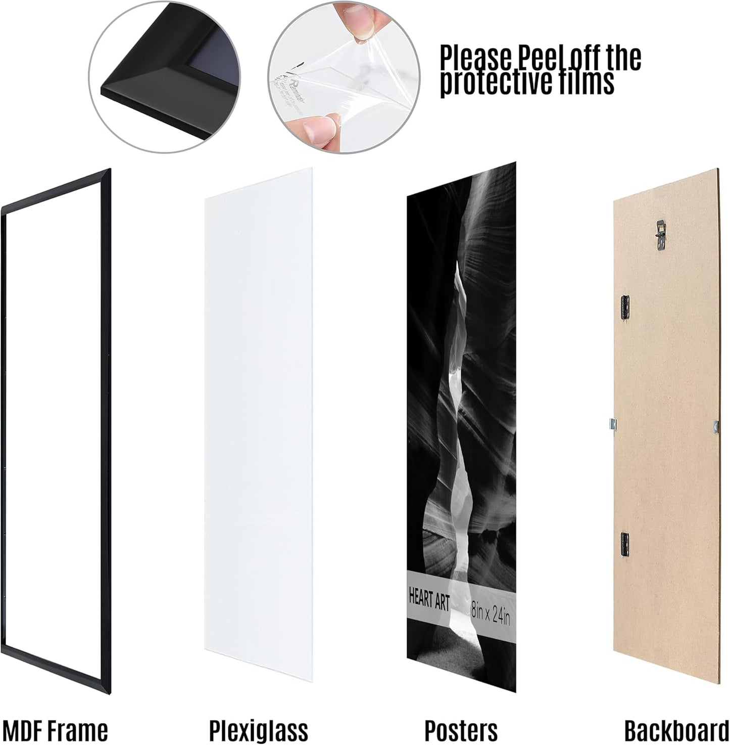 HEART ART 8x24 Picture Frames Without Mat Set of 4, Black | picture frames 8 x 24 Picture Frames