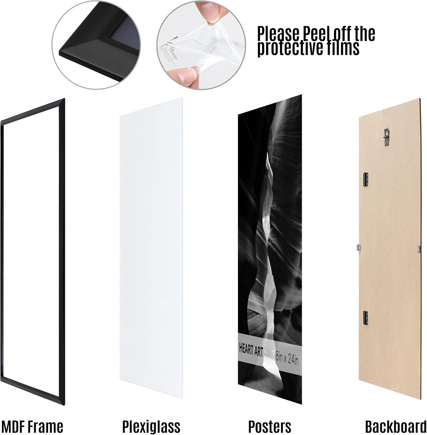 HEART ART 8x24 Picture Frames Without Mat Set of 4, Black | picture frames 8 x 24 Picture Frames