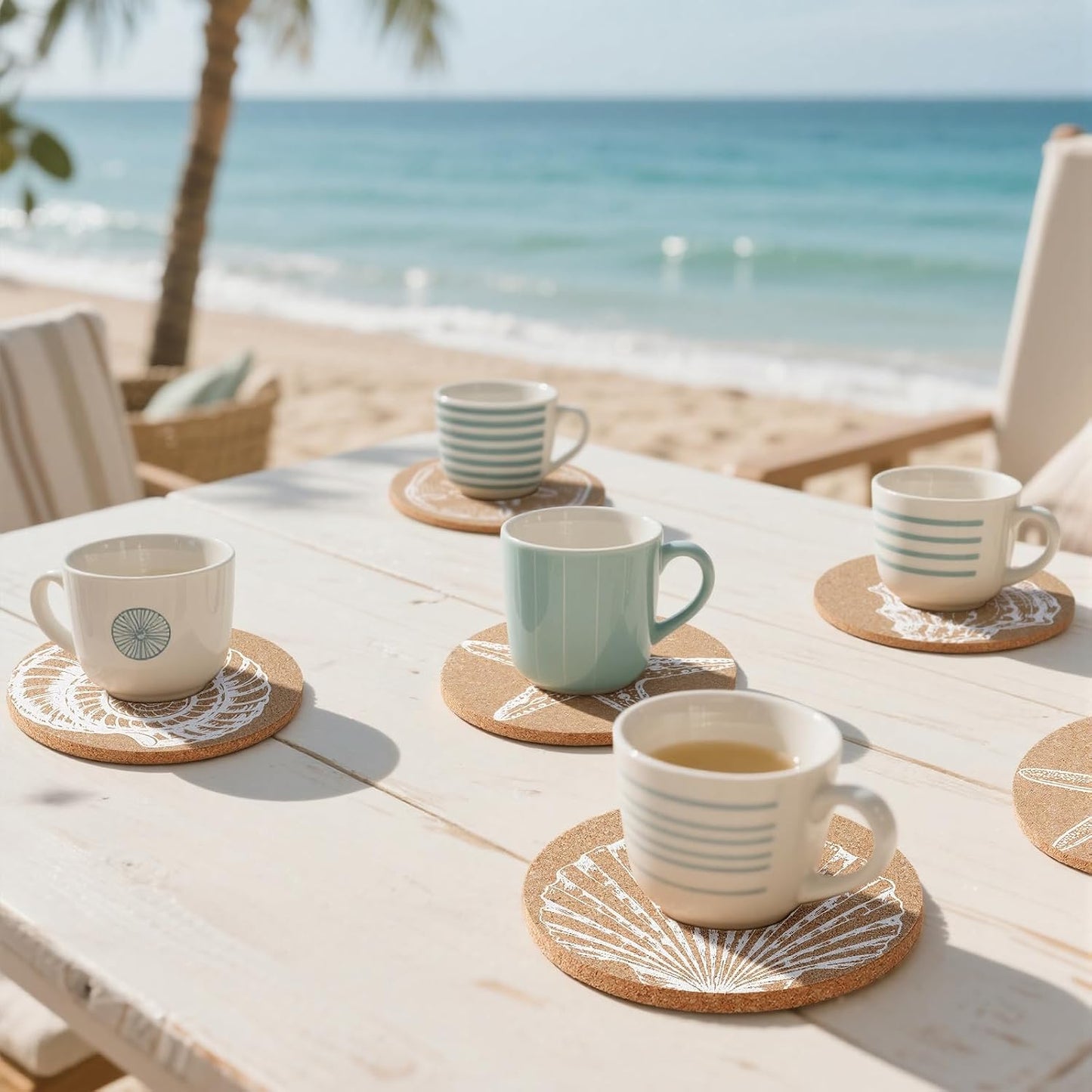 Coastal Coasters for Drinks Beach Cork Coasters Sea Shell Printed Round Absorbent Mat / Set of 12