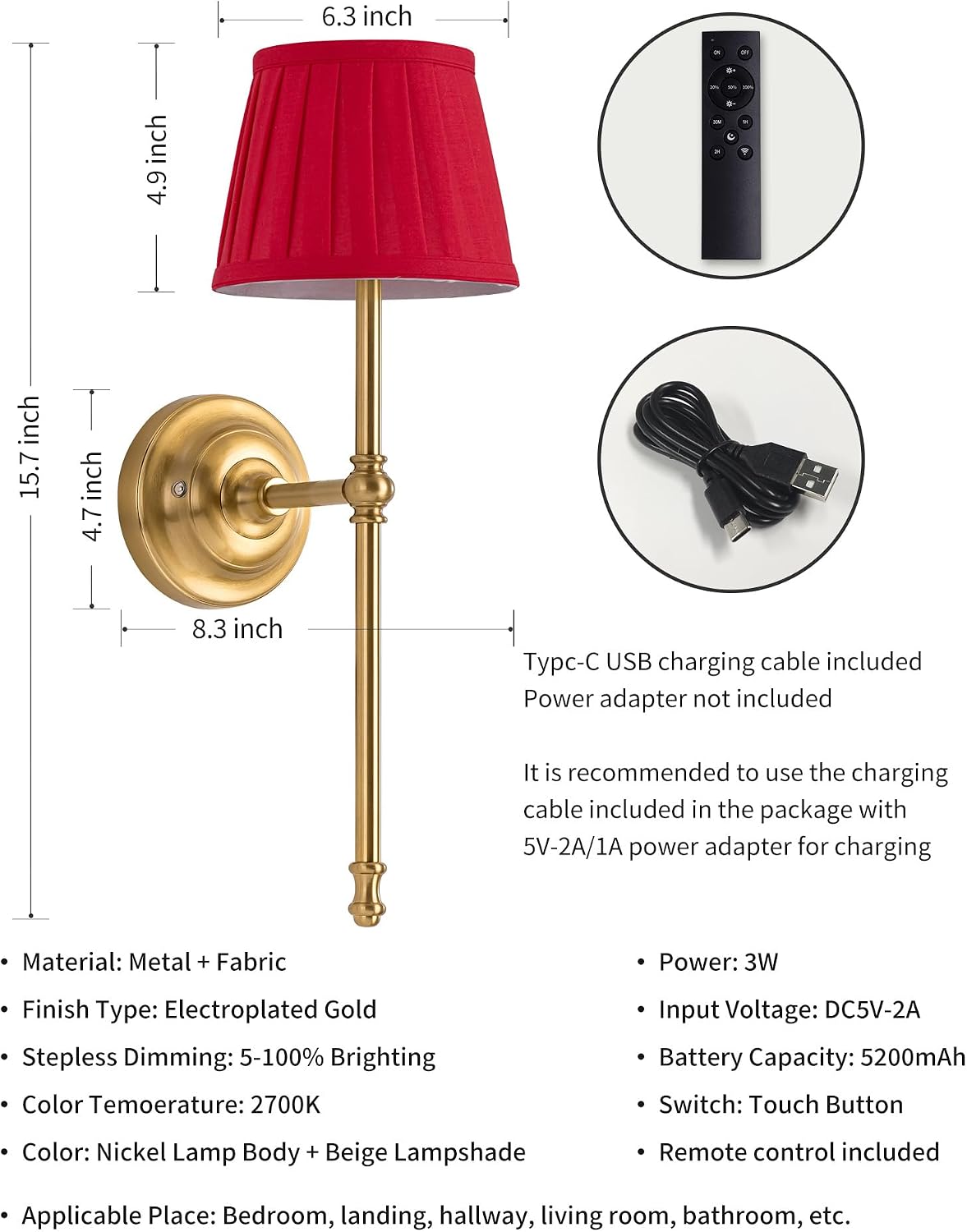 KDG Gold Cordless Wall Sconces Set of 2, Red Fabric LED Wall Lamps | Wireless Small Rechargeable Battery, Portable