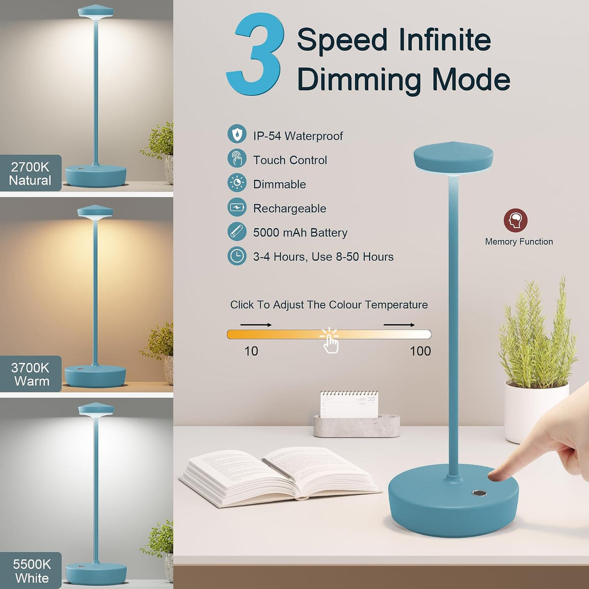Cordless LED Table Lamp,Rechargeable 5000mAh Battery | Touch Control 3-Level Brightness, Portable Metal IP54 Waterproof