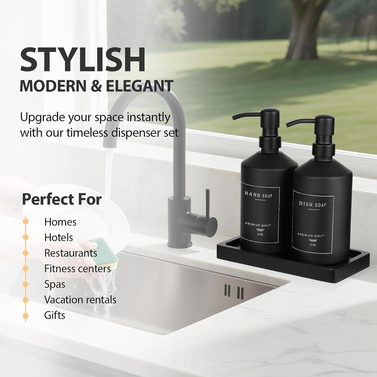 Matte Black Soap Dispenser Set, 17 OZ Hand and Dish Soap Dispenser Set, Bathroom Refillable Soap and Lotion Dispenser