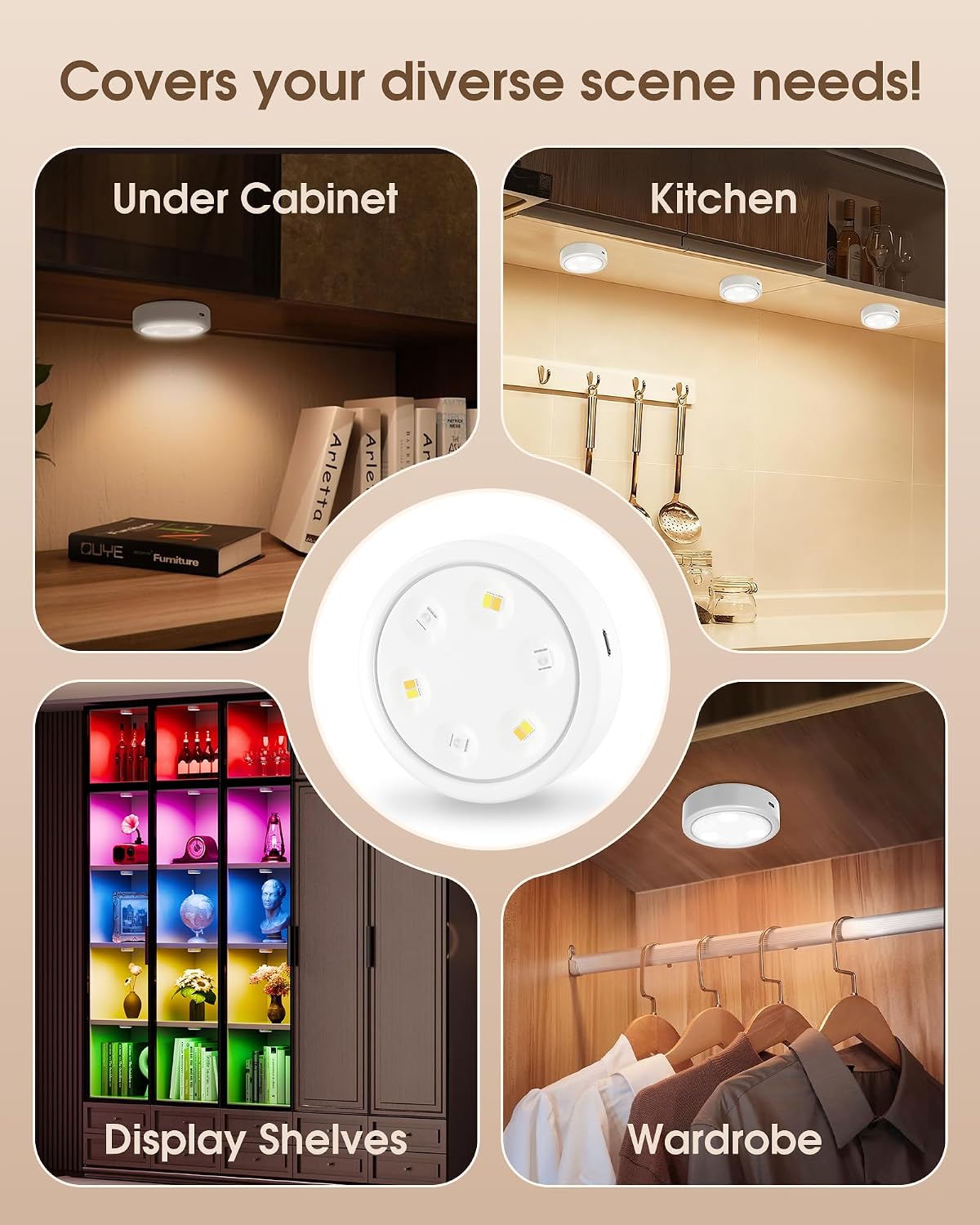 HOLKPOILOT Puck Lights with Remote, 2000mAh Battery Operated Rechargeable Under Cabinet Lighting, 3 Color Temps & 7 RGB