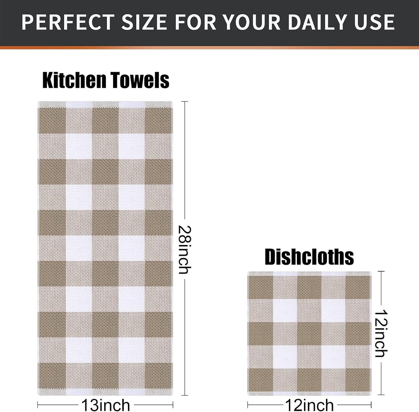 Mordimy 8 Pack Kitchen Towels and Dishcloths Set, Khaki & White | 28 X 13 Inch and 12 X 12 Inch, Super Soft