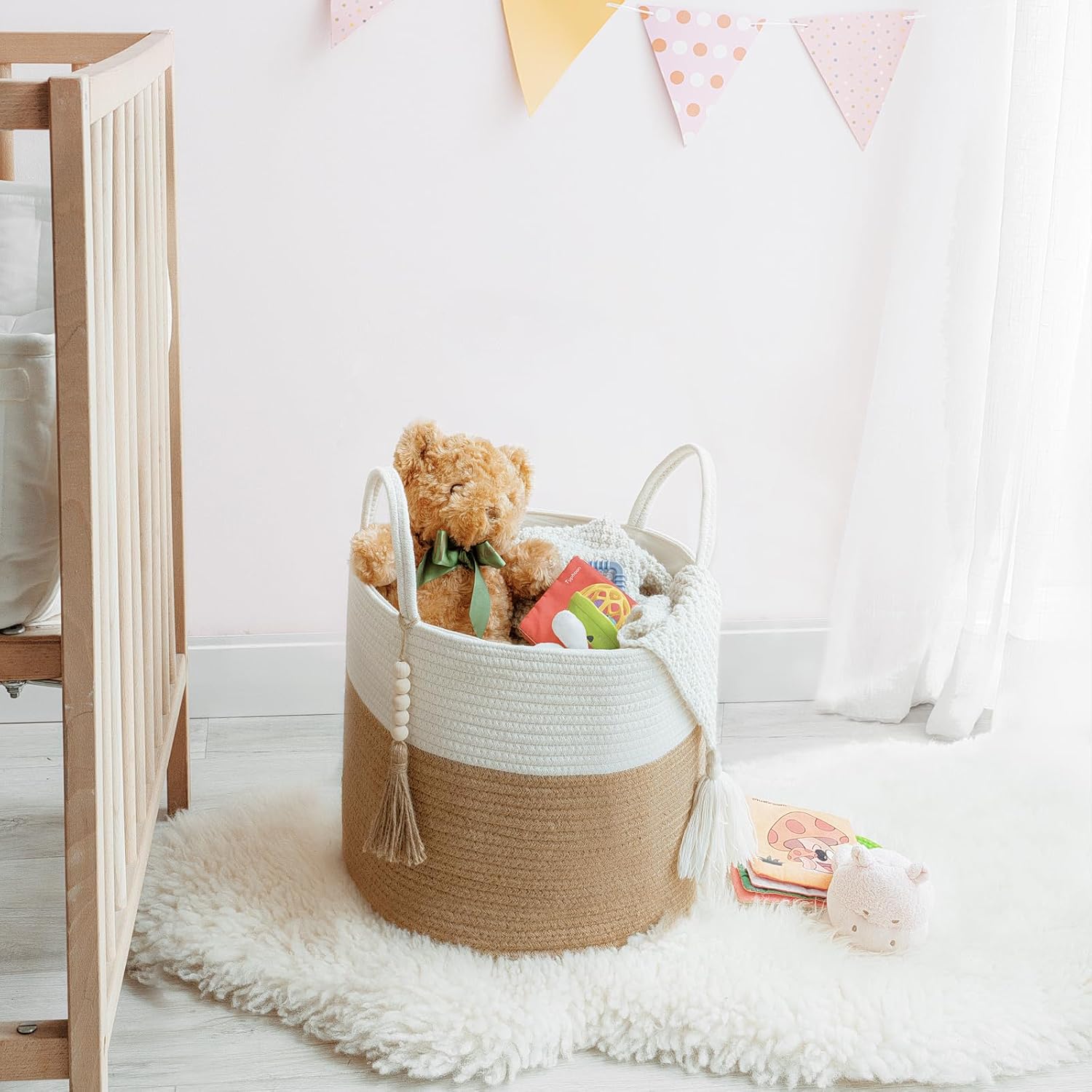 Woven Storage Basket Decorative Rope Basket Wooden Bead / Cream White and Brown / 11"W x 11"L