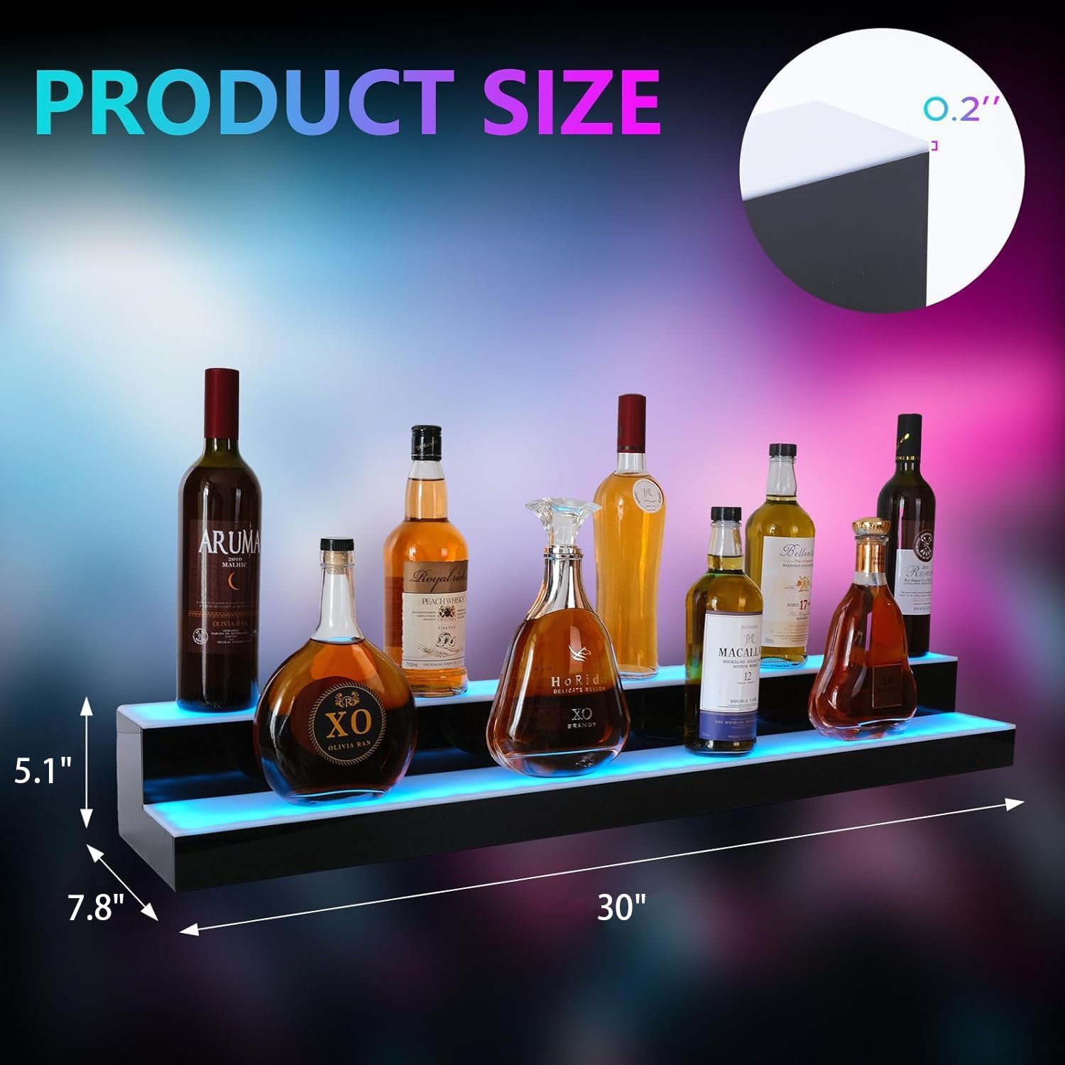 Led Lighted Liquor Bottle Display Shelf, 30 Inch 2 Tier Whiskey Rack, Support USB, Bar Stand with RF Remote & App