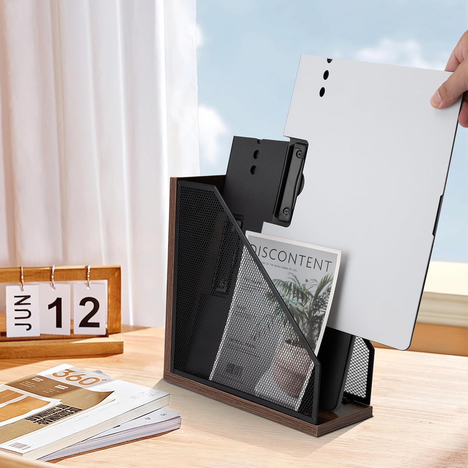 Antique Wooden Magazine Holder,Mesh File Holder for Desk, Office Desk Accessories Decorative File Box (2 Pack Black)