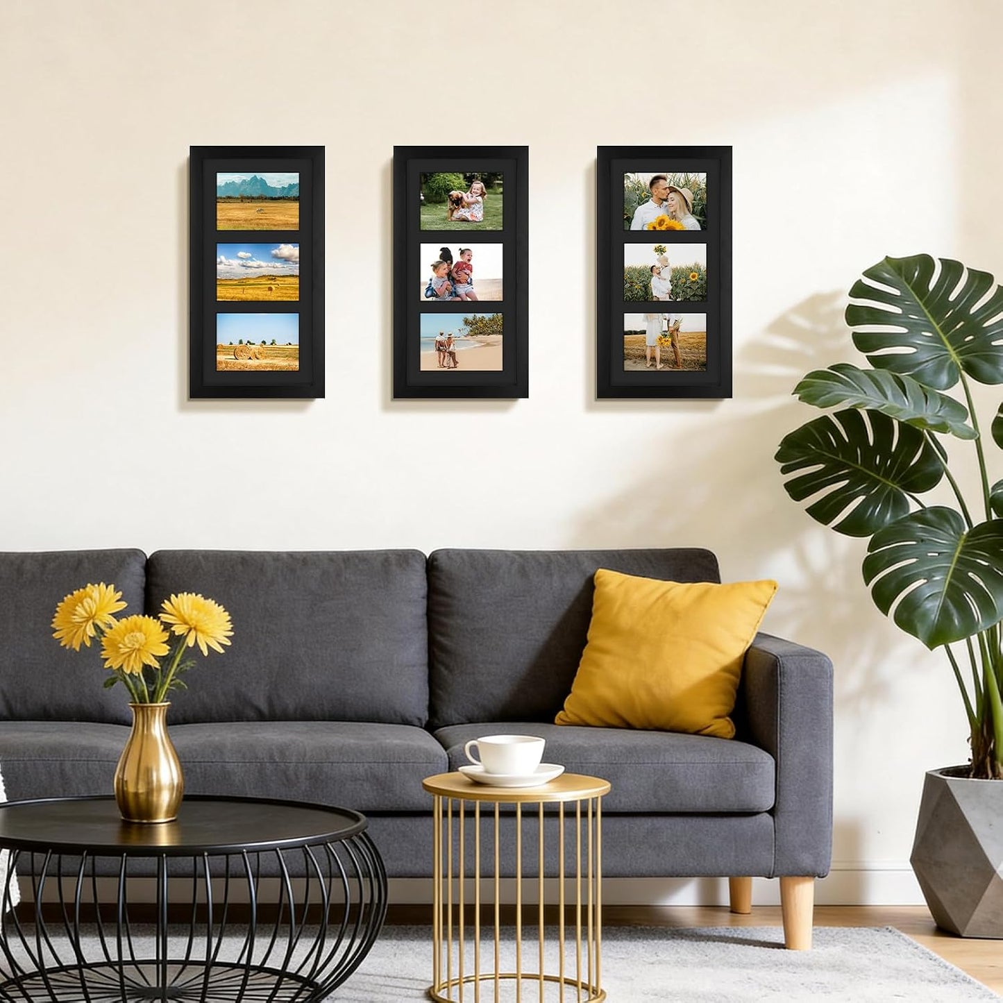 Golden State Art 9x18 Black Wood Frame - for Three 5x7 Pictures, 3 Pack | Black Mat,Matted to 3 5x7 Picture,Solid Wood