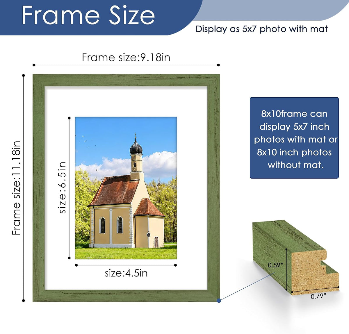 8x10 Picture Frame, Wall or Tabletop Display, Green Woodgrain,6 Pack | Display Pictures 5x7 with Mat or 8x10 Without