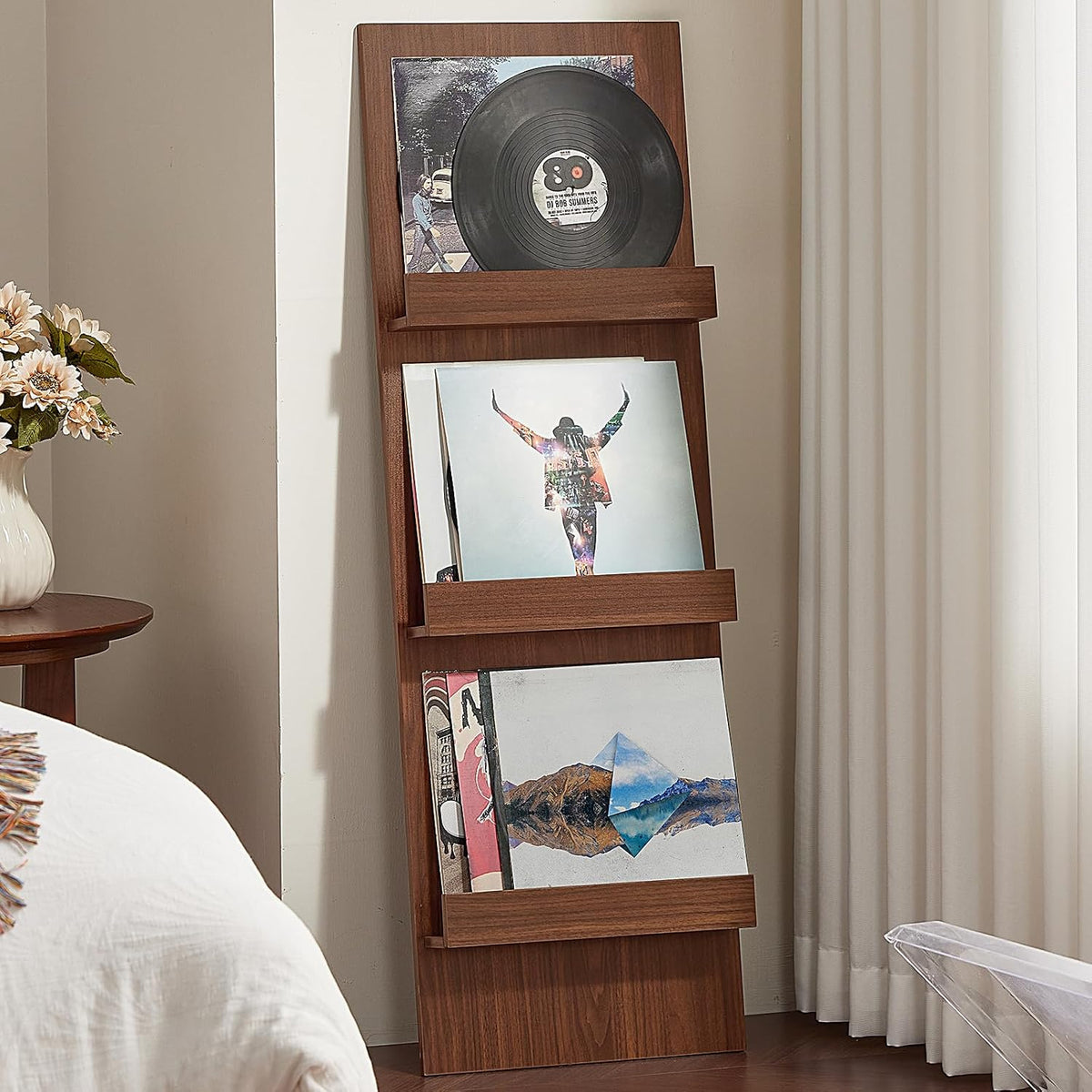 Wall-Leaning Vinyl Record Holder with 3 Tier Display Shelf, 47.5'' Tall Record Storage Magazine Holder, Vinlys Stand