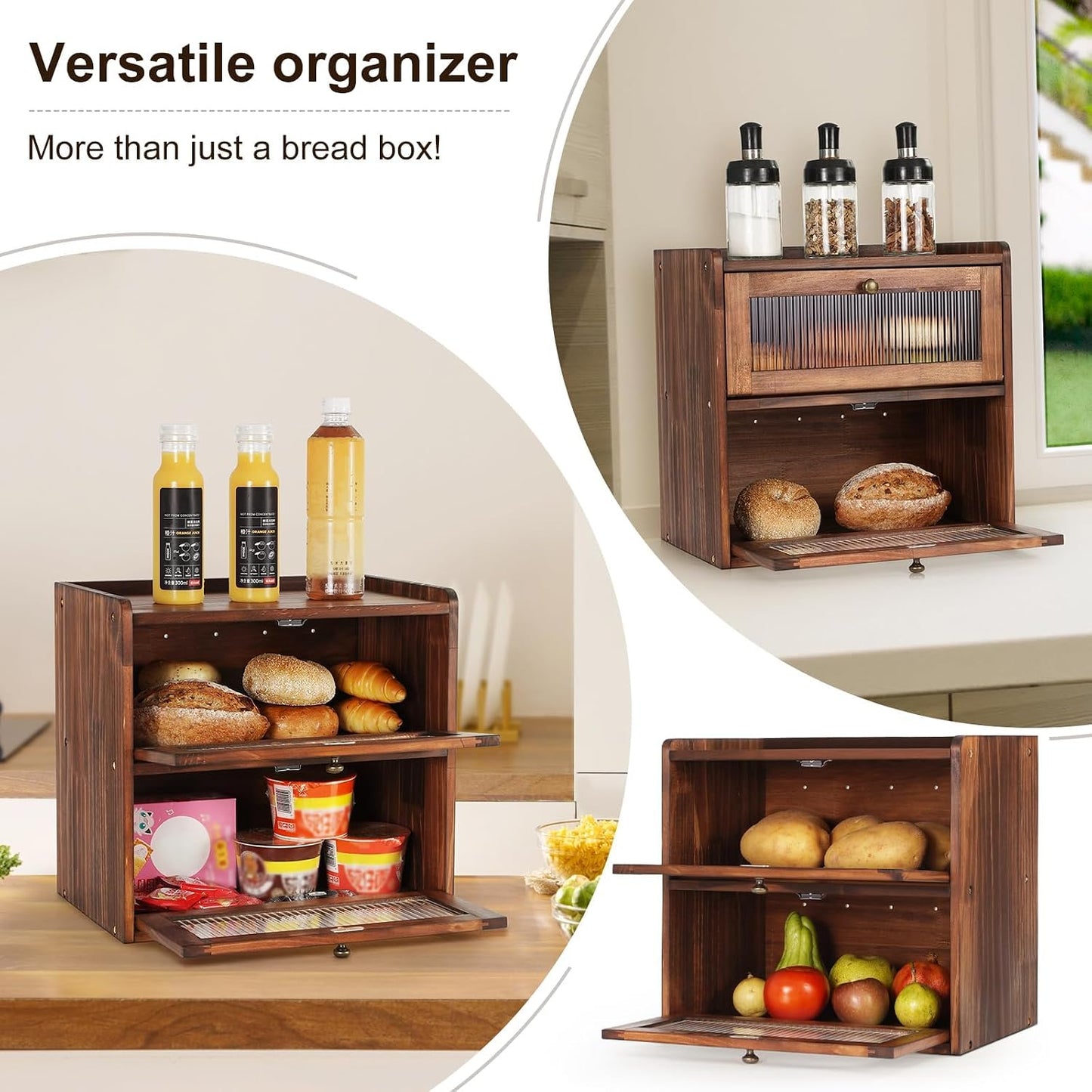 Ciilee Baby Bread Box for Kitchen Countertop, Large Wooden Breadbox, Brown | Vintage Double Layer Bread Bin with Air