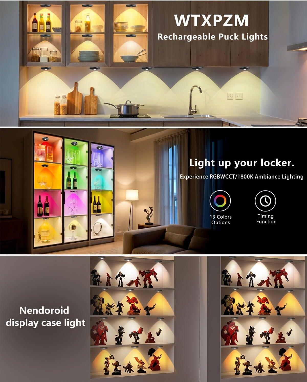 Puck Lights with Remote Control, 2000mAh Rechargeable Cabinet Light, Under Counter Tap Light Wireless, Display Cabinet