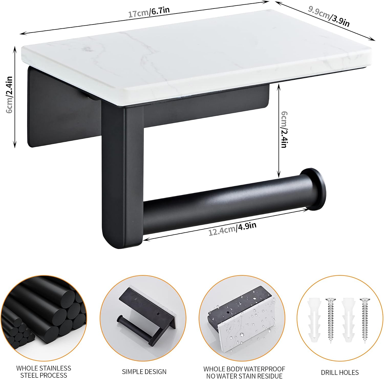 Matte Black Toilet Paper Holder with Marble-Look Shelf, Wall Mounted SUS304 Stainless Steel Toilet Roll Holder with
