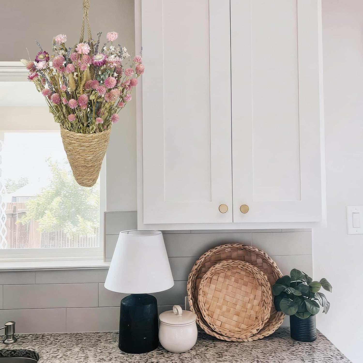 Front Door Basket Wreath Dried Flower Bouquet in Hanging Wicker Basket Lavender Eucalyptus / Natural