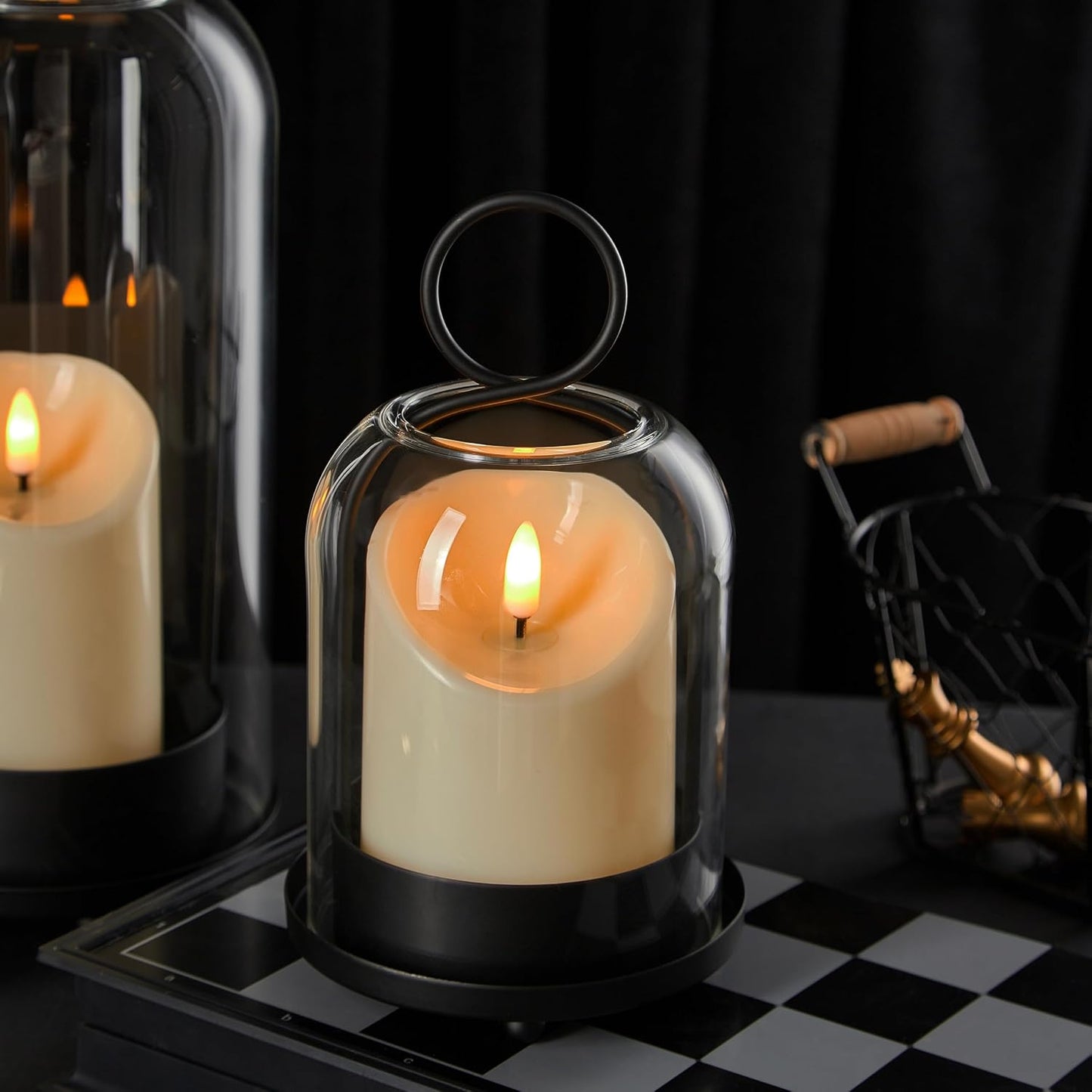 5"&4" Metal Candle Holder with Handmade Glass Dome in Brass & 2 Timer Candles, Set of 2 Versatile Hurricane Glass
