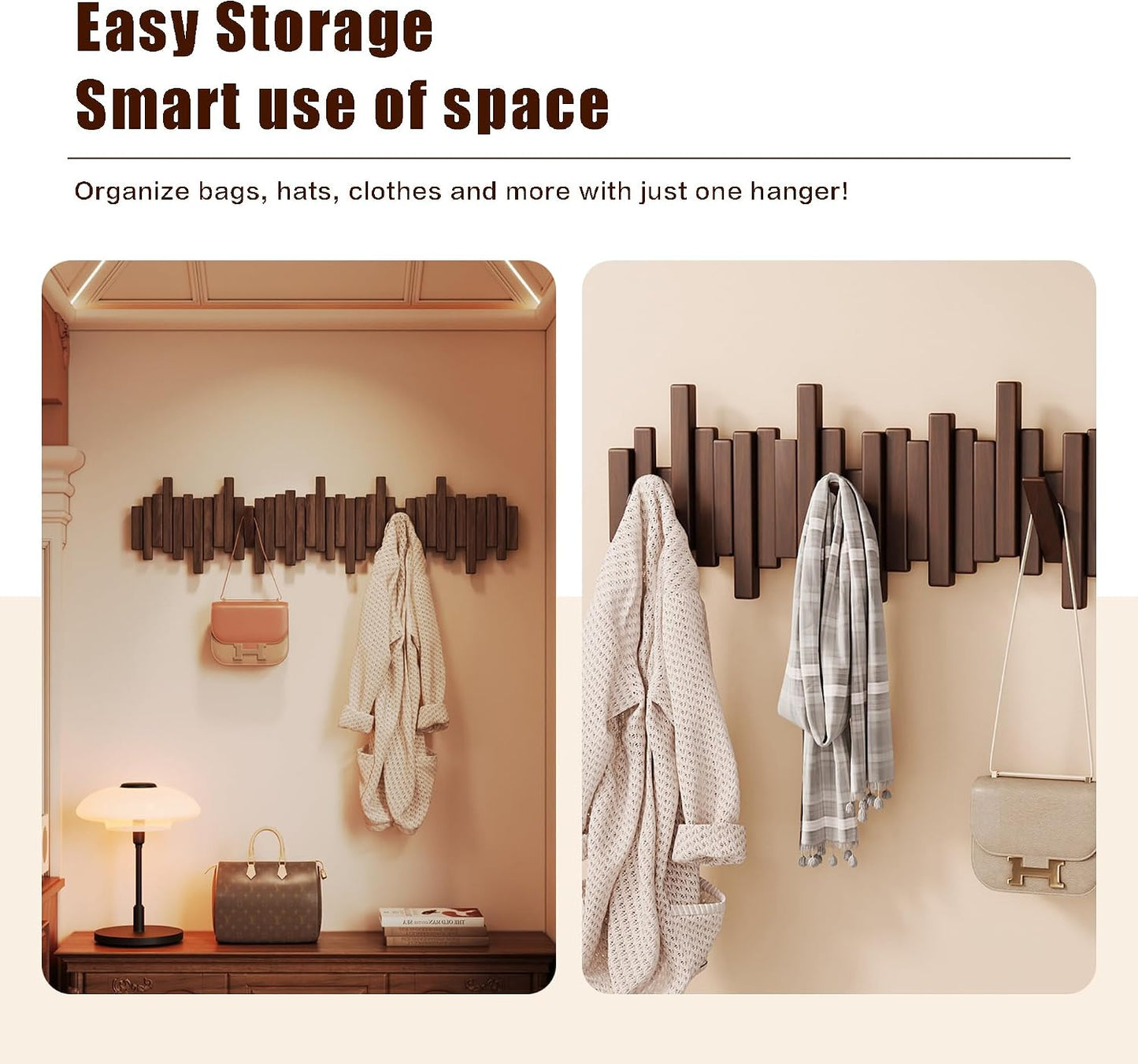 DESAINOPH® Wooden Coat Rack Wall Mounted Sticks Multi Rack Solid Handmade Natural Walnut Wood Artwork with 5 Flip-Down