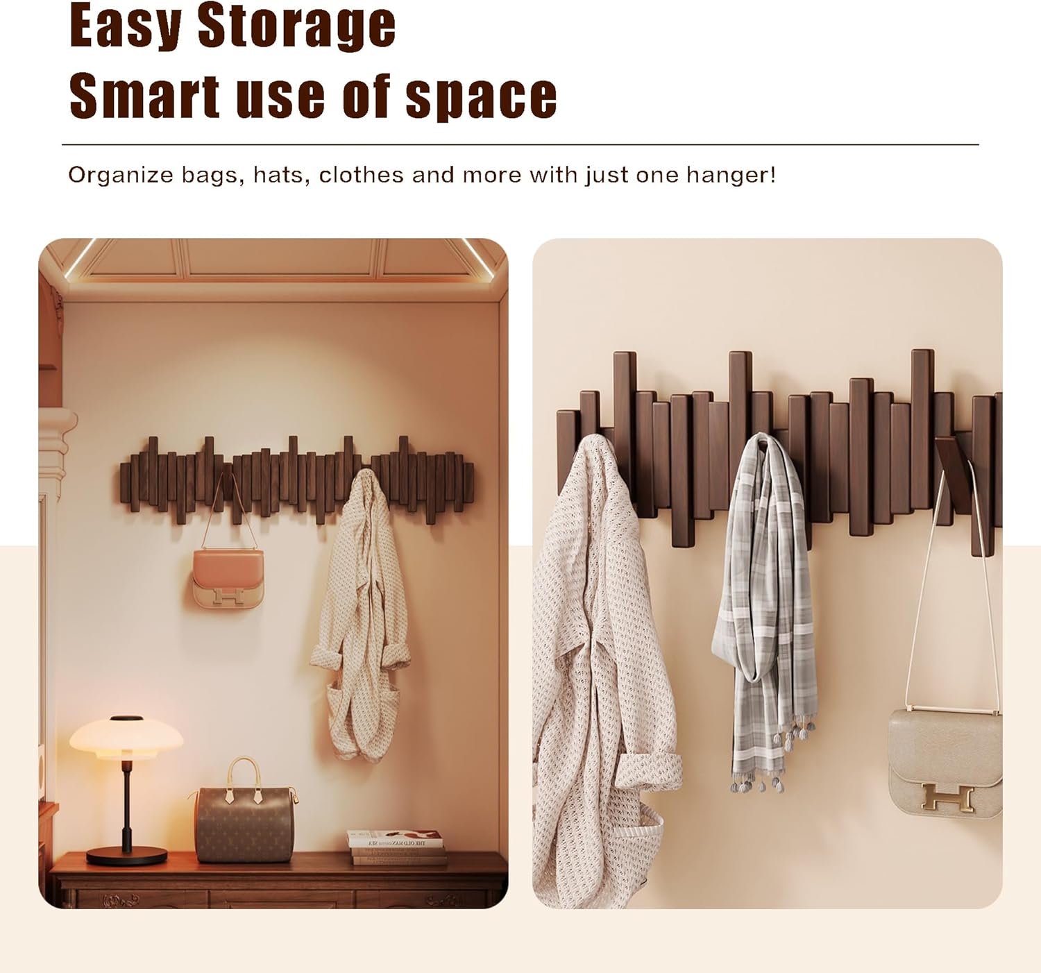 Coat Rack Wall Mount Piano Flip Down Wall Hook Rack 6 Hooks Walnut | Natural Wood Handmade Unique Hanger for Coats Bag