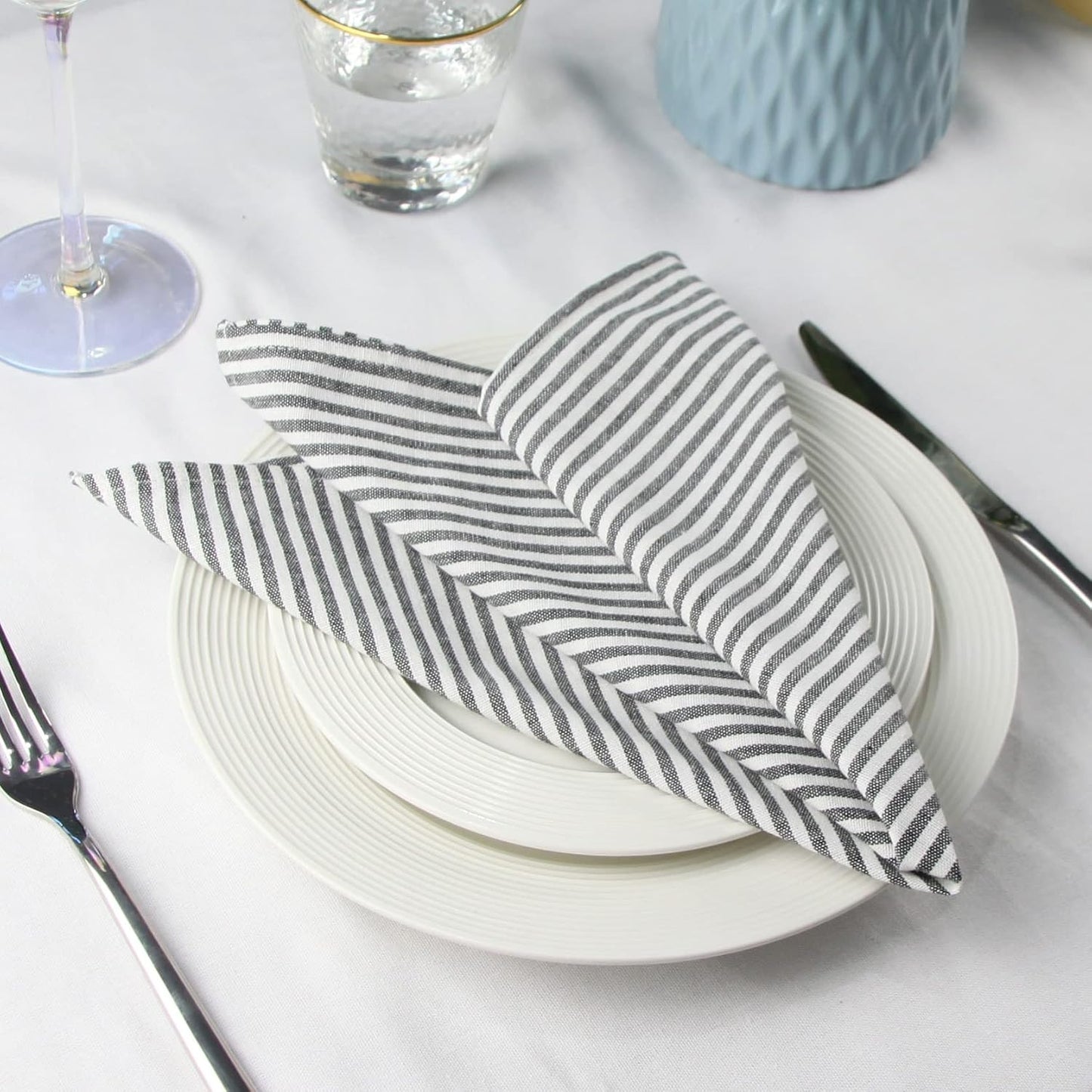 Plain Striped Cotton Linen Blended Dinner Cloth Napkins - Set of 12 (17 x 17 inches) - for Events & Home Use (Black)