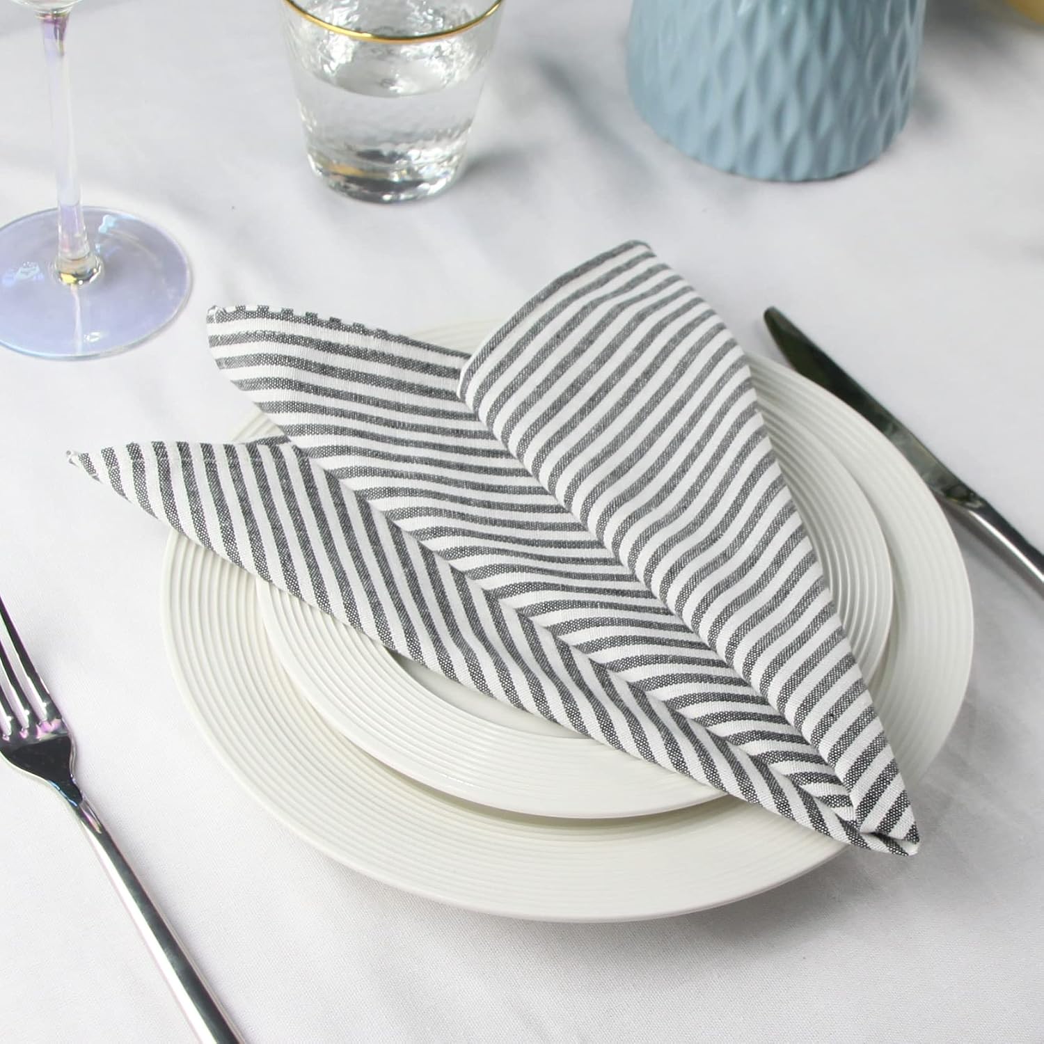 Plain Striped Cotton Linen Blended Dinner Cloth Napkins - Set of 12 (17 x 17 inches) - for Events & Home Use (Black)