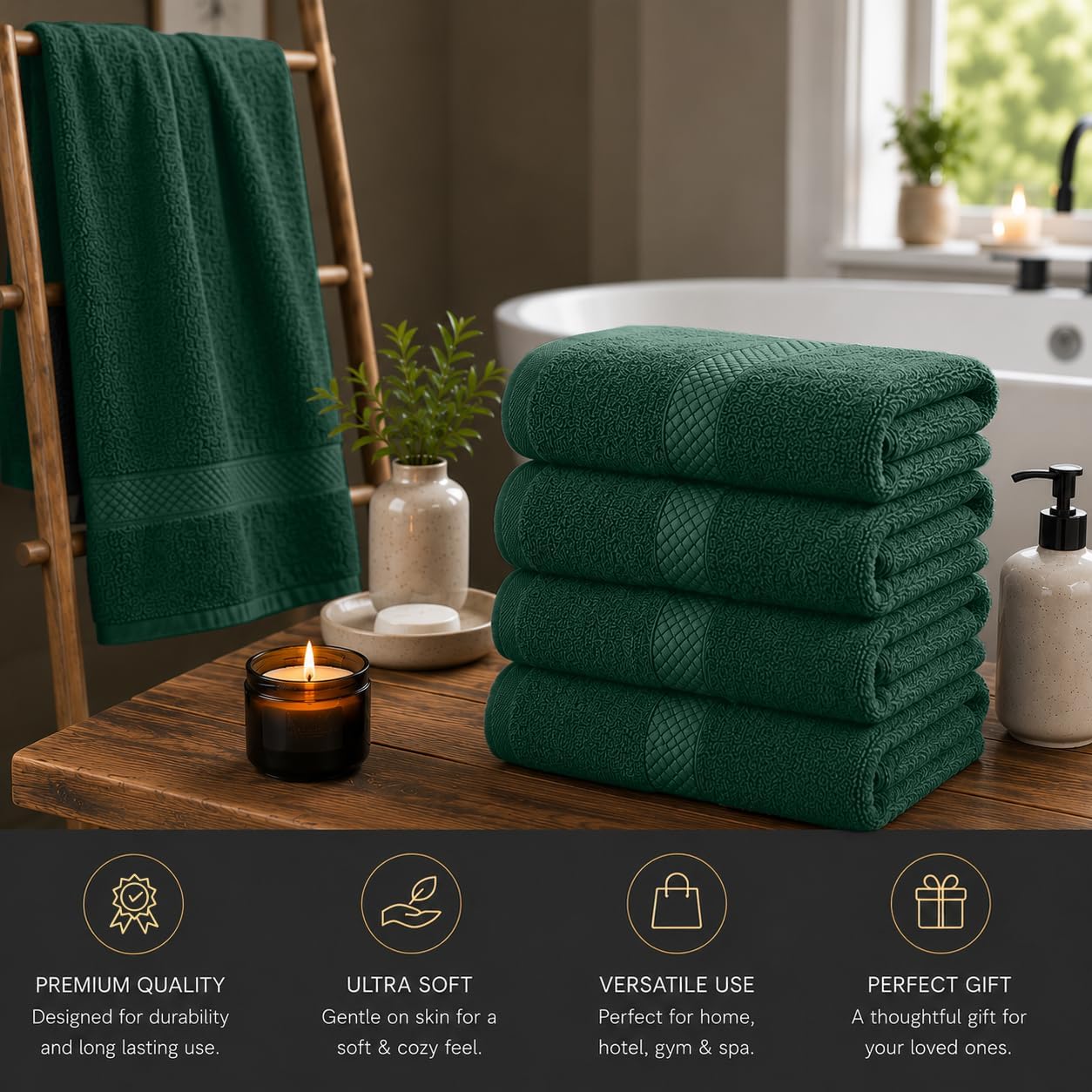 DAN RIVER 600 GSM Cotton Large Bath Towels Set of 4, 27 x 54 Inches H-Green | Larger & Lighter Weight Towels for