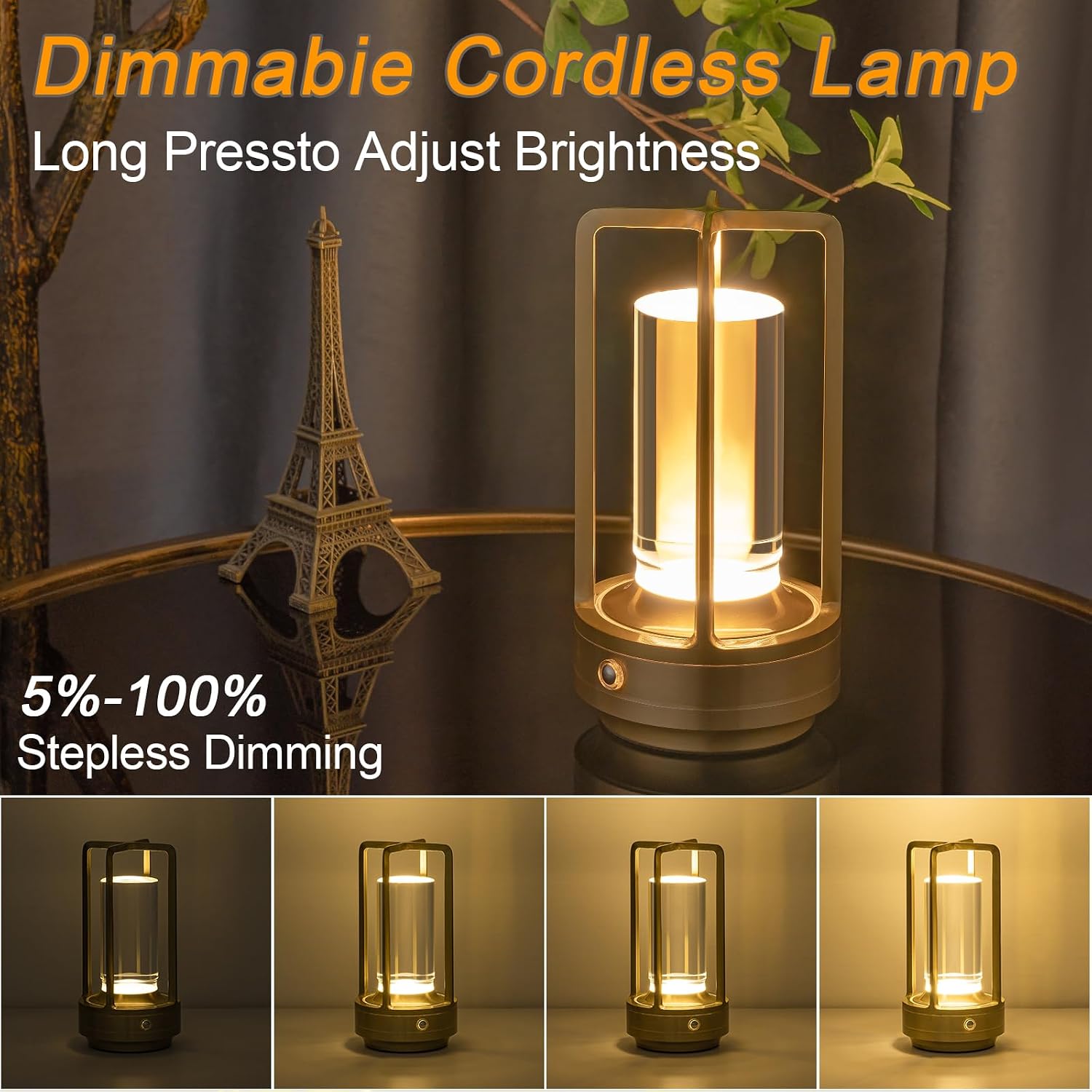Cordless Table Lamp Rechargeable Small Crystal Lamp, Gold | Stepless Dimming 3 Color Nightstand Bedside Lamp, Metal LED