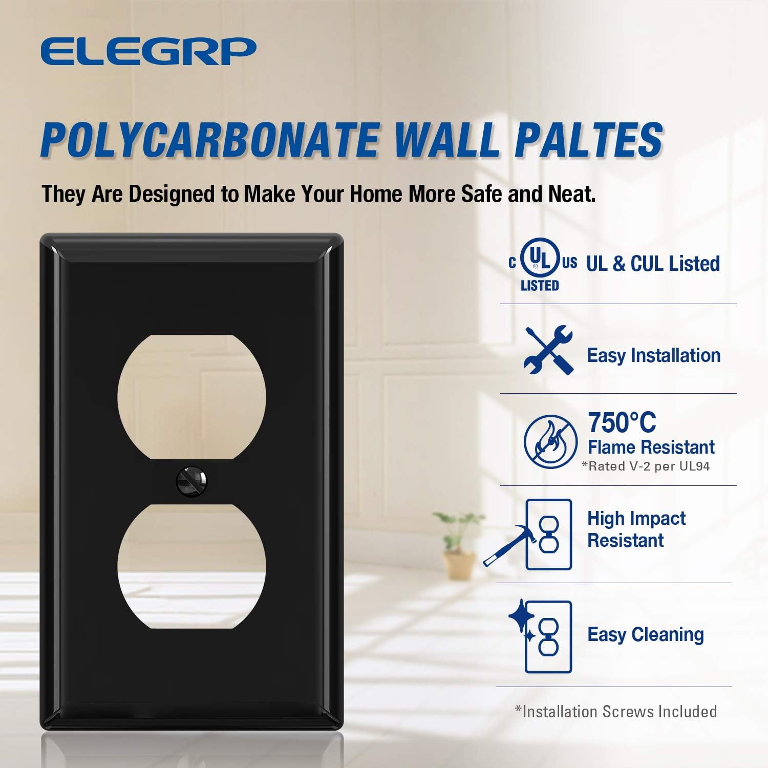 ELEGRP Duplex Receptacle Outlet Covers, 1-Gang Standard Size Wall Plates, Unbreakable Polycarbonate Dual Outlet