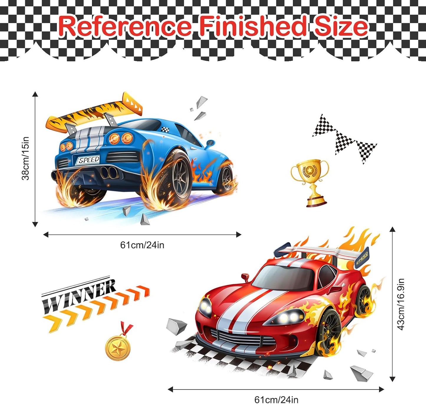 3D Racing Car Wall Decals Blue Flame Trophies Wall Stickers Peel and Stick Wall / Sports Car / Red