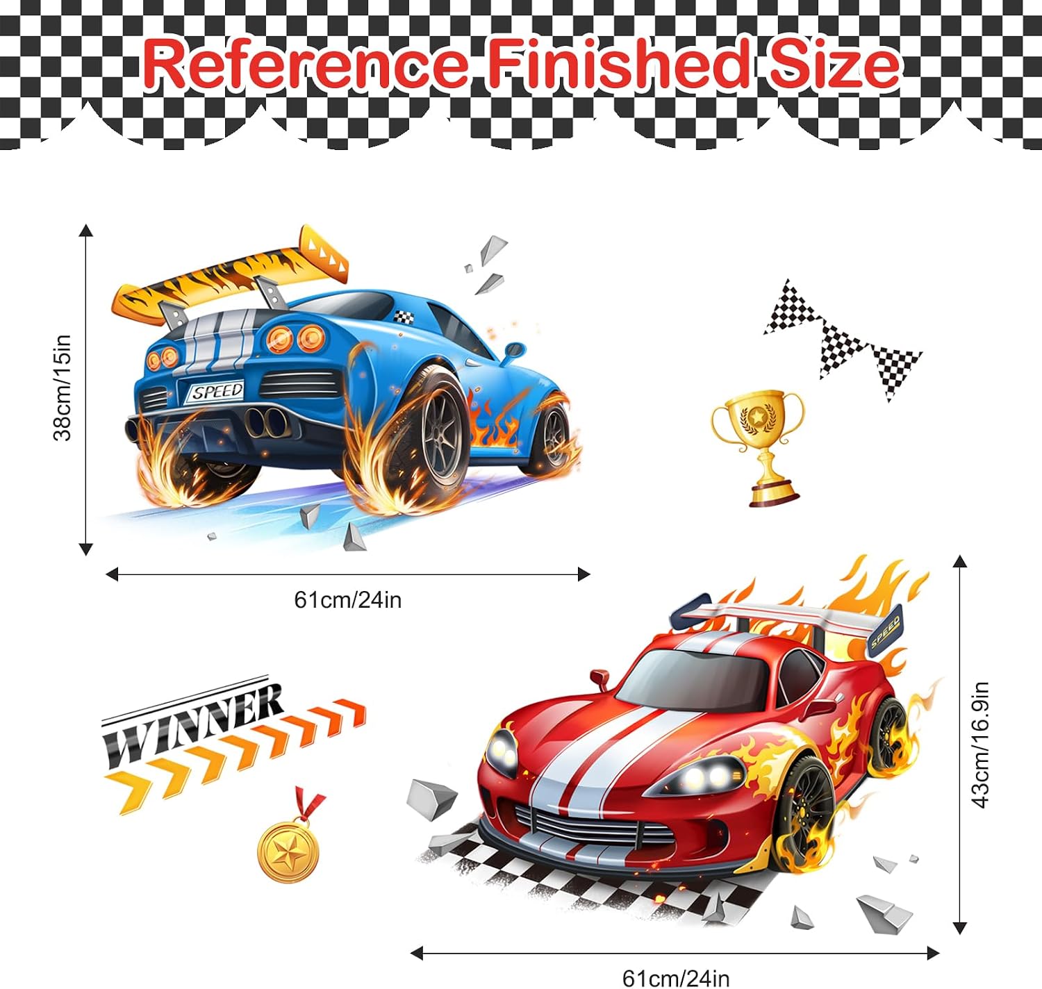 3D Racing Car Wall Decals Blue Flame Trophies Wall Stickers Peel and Stick Wall / Sports Car / Red