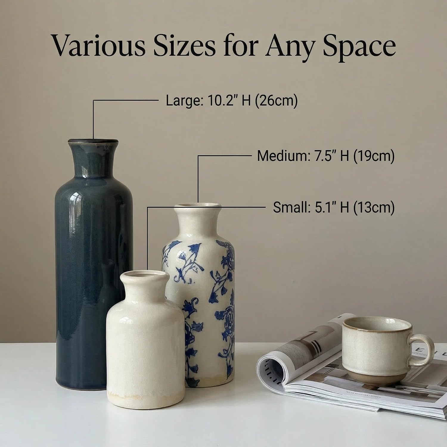 Ceramic Vintage Vase / Blue White / Set of 3