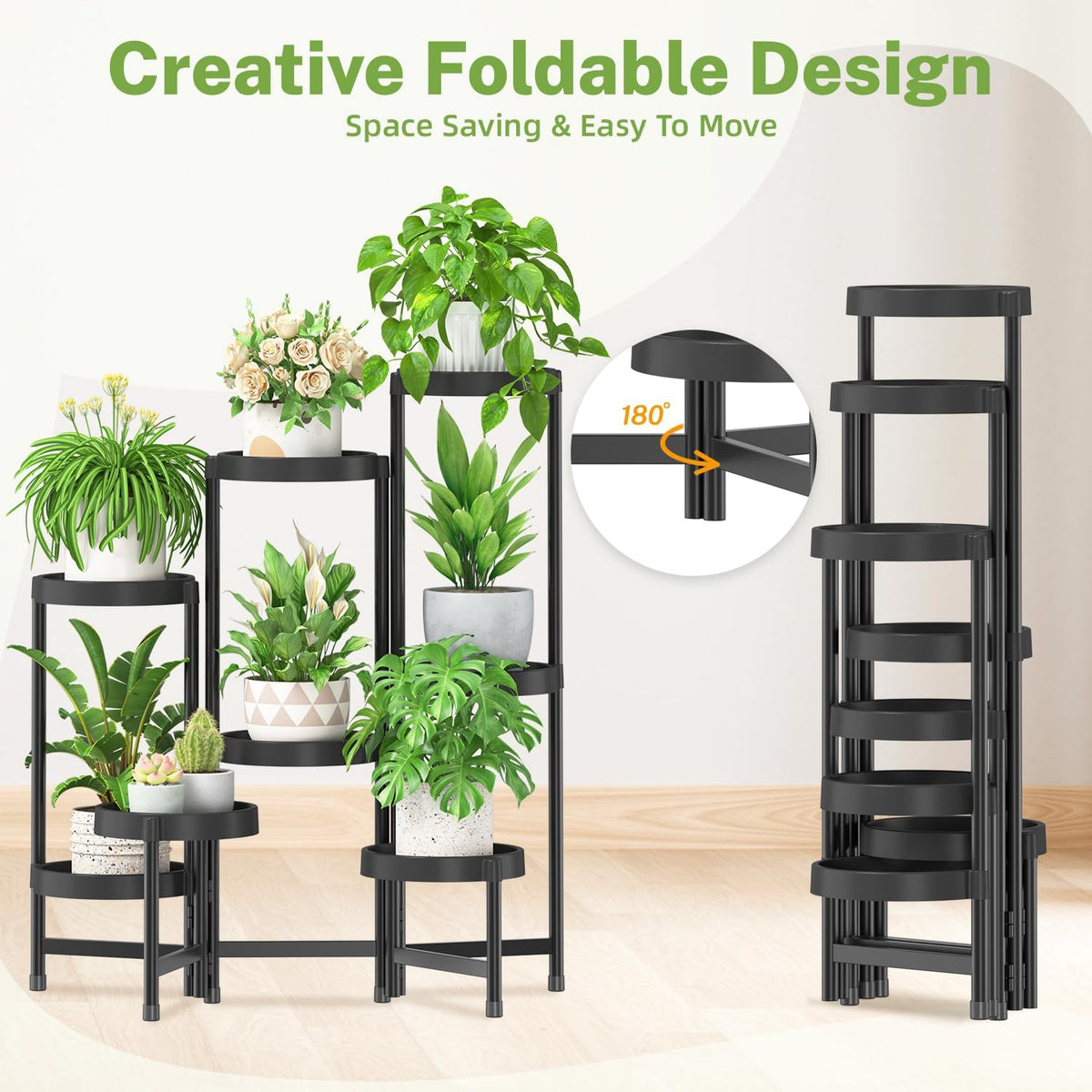 iDavosic.ly 8 Tier Folding Plant Stand Indoor Outdoor, Plastic Tray, Black | Space Saving Tiered Corner Storage Display