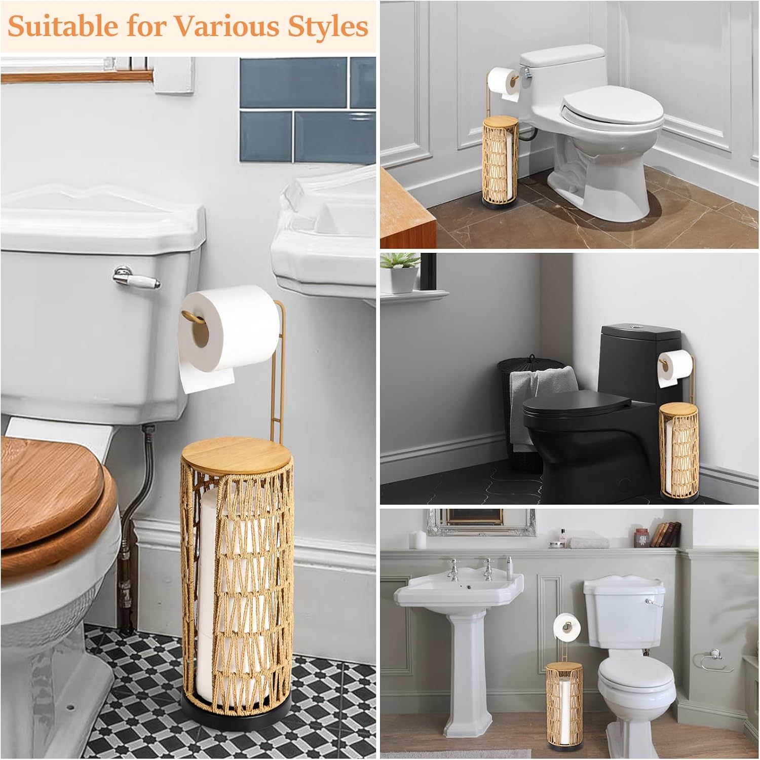Freestanding Toilet Paper Holder with Storage,3 Rolls of Tissue Holder for Bathroom,Handmade Woven Toilet Paper Roll