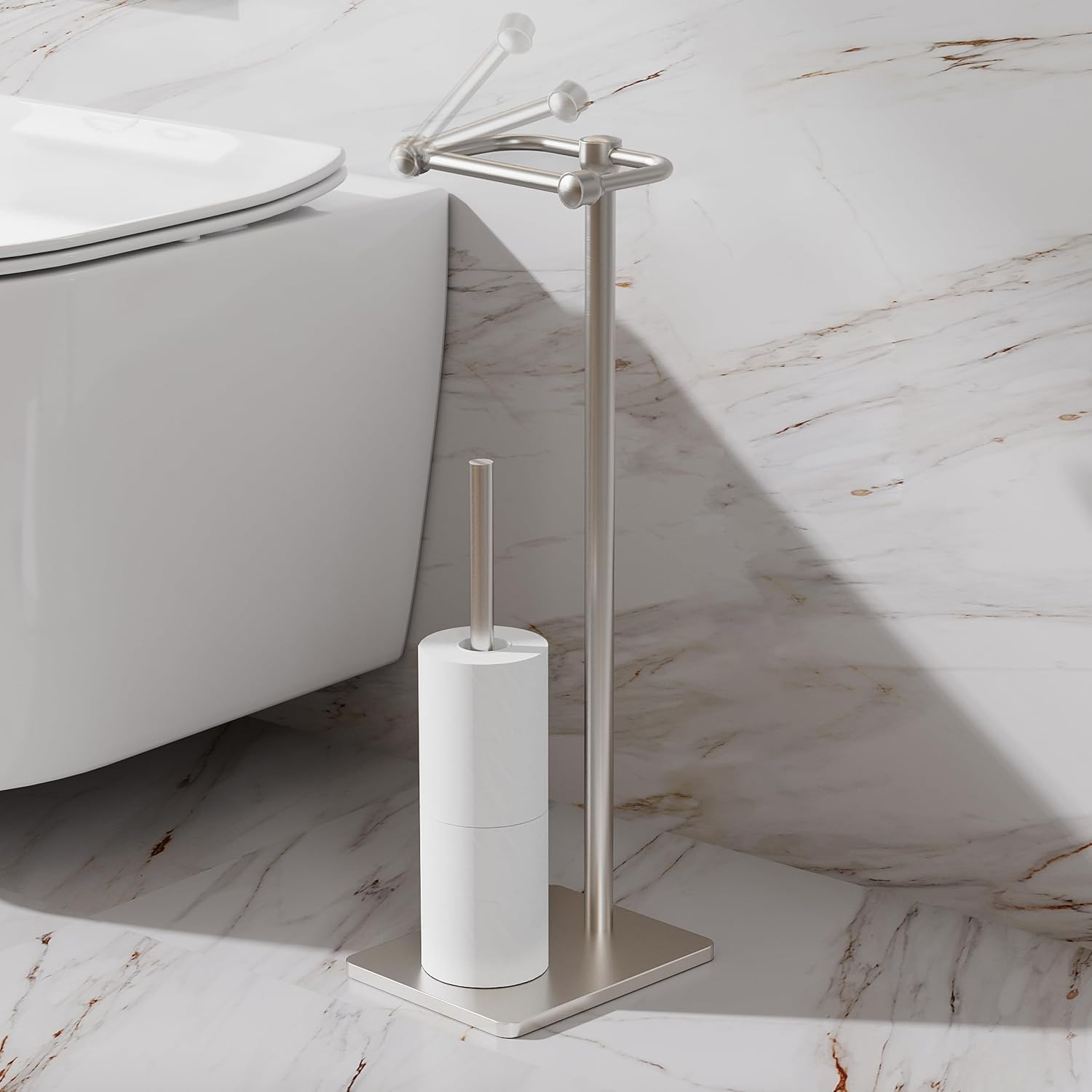RUACQ Bathroom Toilet Paper Holder Stand with Storage, Brushed Nickel | Pivoting Free Standing Toilet Roll Holder