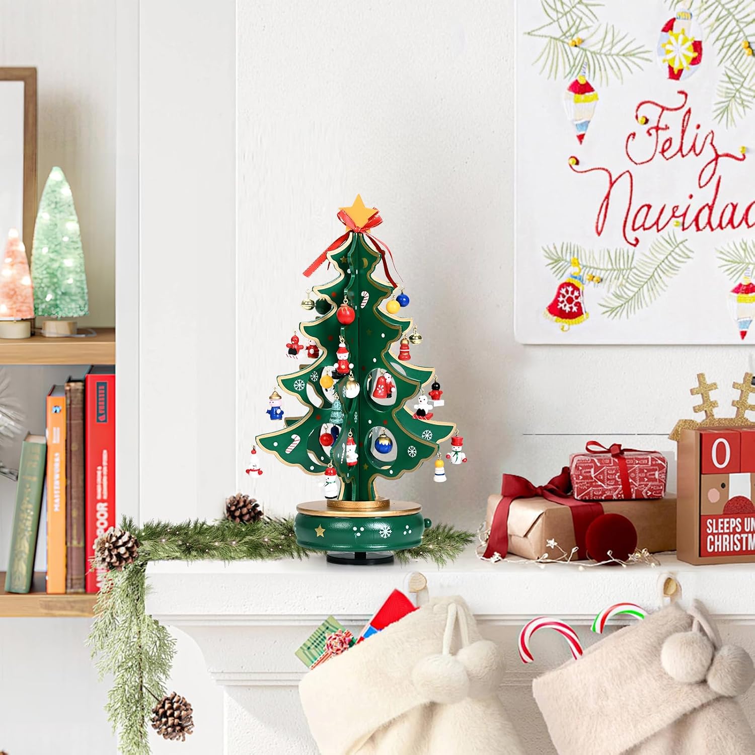 Uspring Christmas 24 Days Countdown Advent Calendar 2025, Musical Wooden Christmas Tree with Classic Music Box and 36