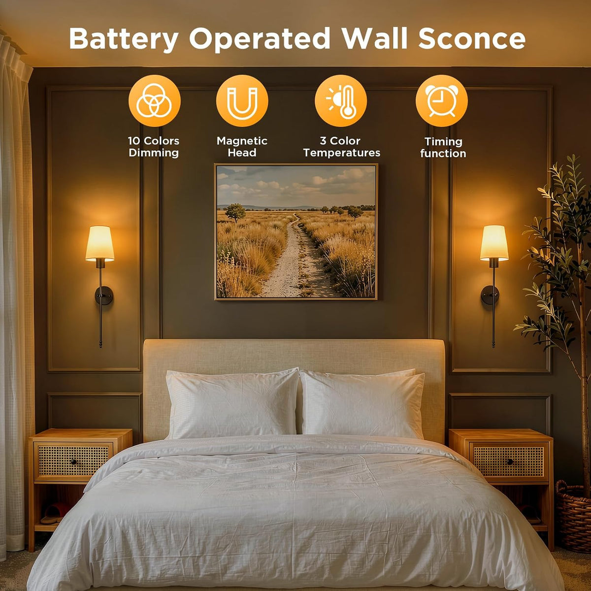 Brightown Battery Operated Wall Sconces Set of 2,Black Sconces Wall Decor | RGBWW Rechargeable Wall Lights with