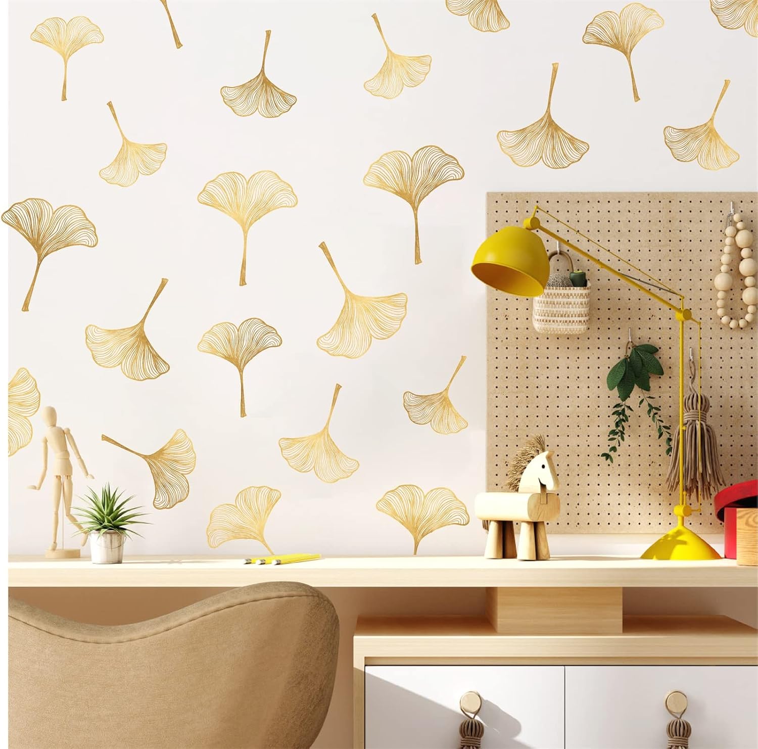 Golden Wall Decals Peel and Stick Golden Leaves Wall Stickers Modern Leaf Vinyl Wall Decals / Yellow