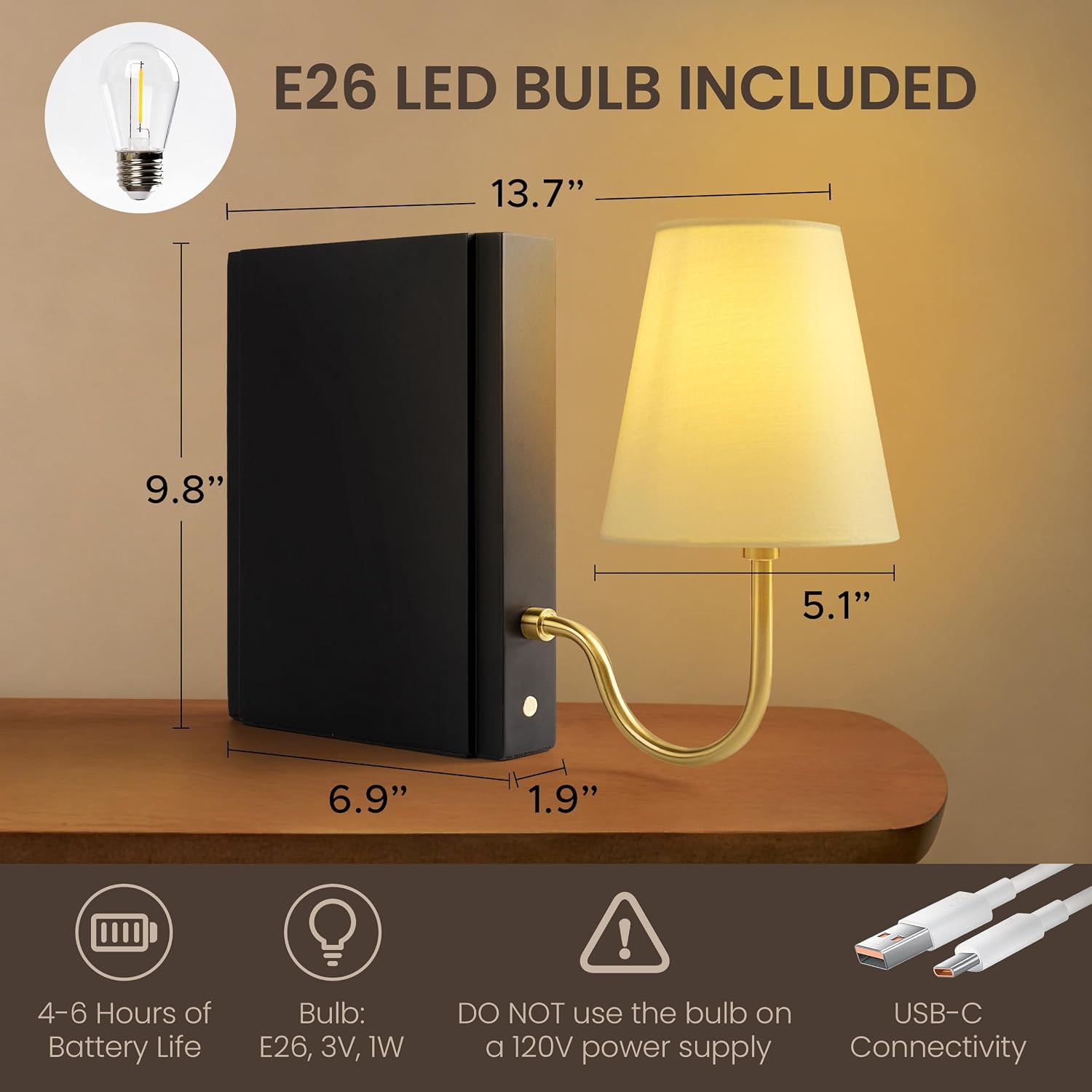 Solid Wood Bookshelf Lamp with Bulb, Cordless Rechargeable Touch Dimmable Table Lamp with Linen Fabric Shade, Modern