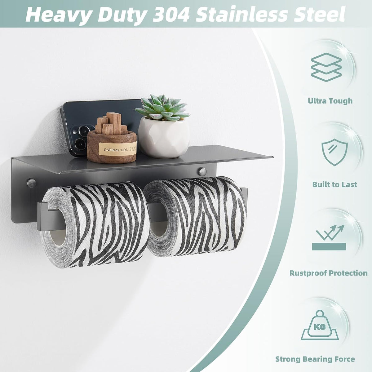 APLusee Double Toilet Paper Holder with Storage Phone Shelf, Gunmetal Gray | 304 Stainless Steel for Bathroom