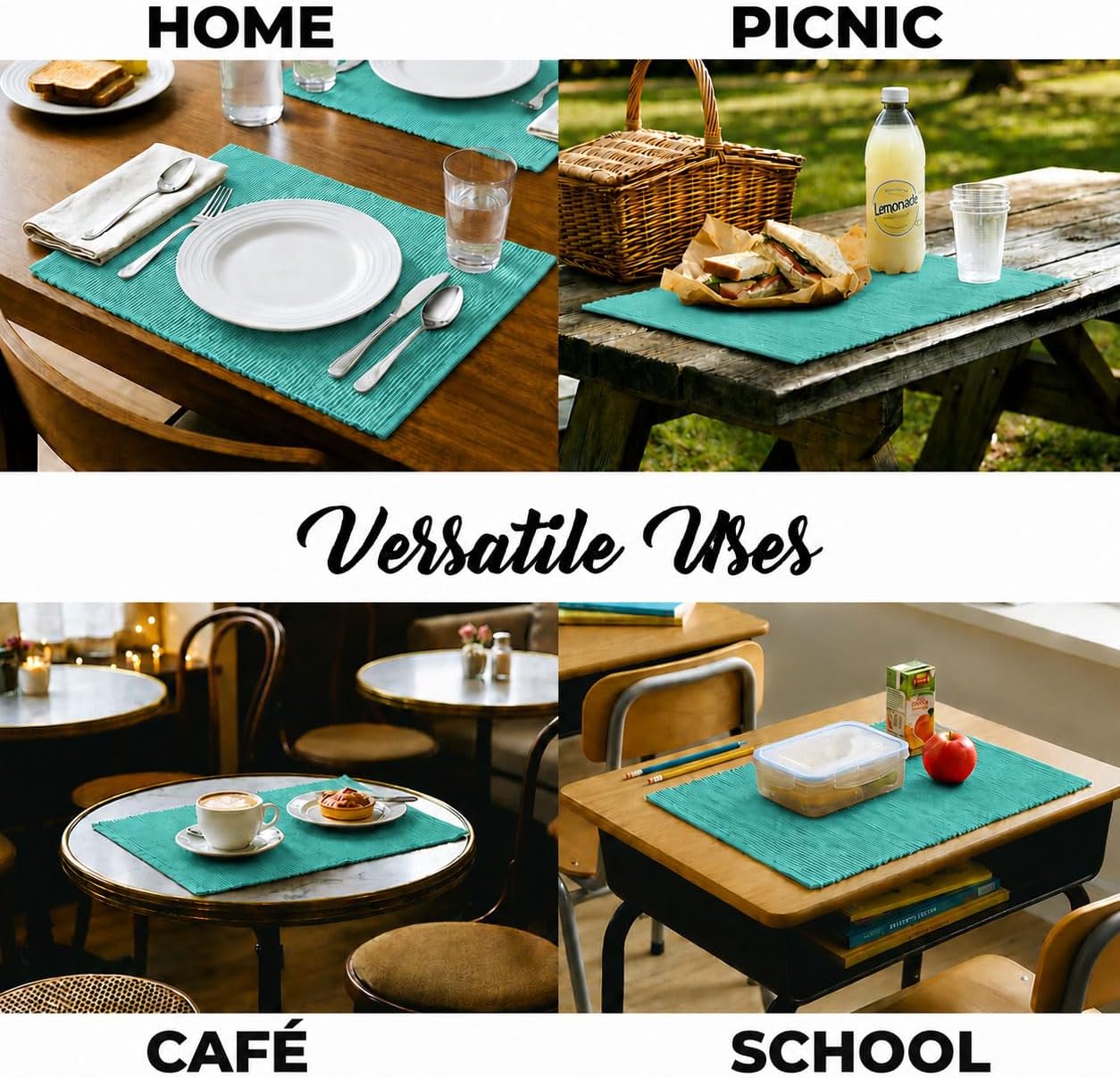 100% Cotton Ribbed Placemats - Set of 8-13 x 19 Inches - Turquoise Blue - Everyday Cloth Table Mats - Thick