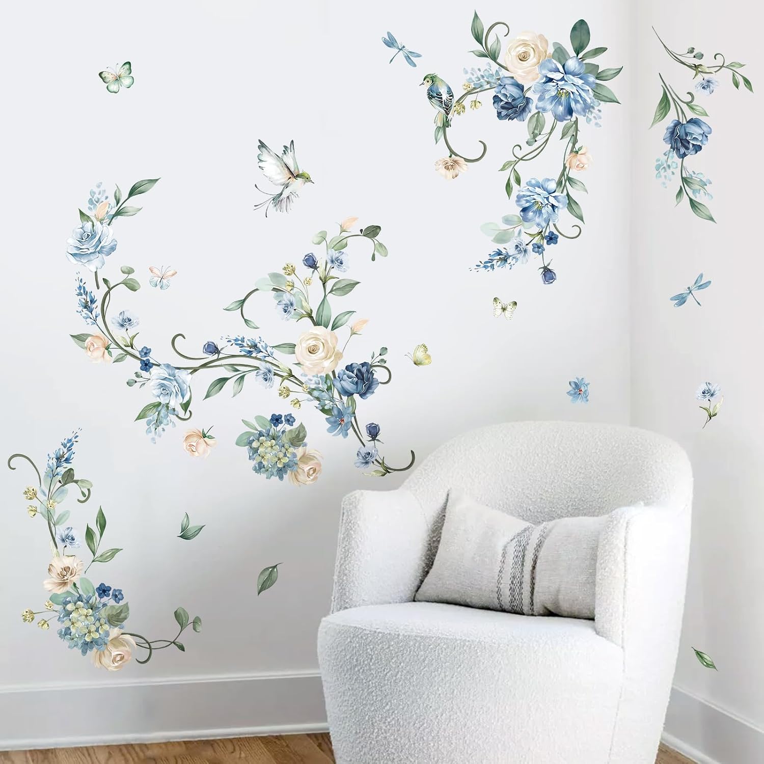 Flower Vines Wall Stickers Rose Watercolor Floral Peel and Stick Wall Art Decals / Blue