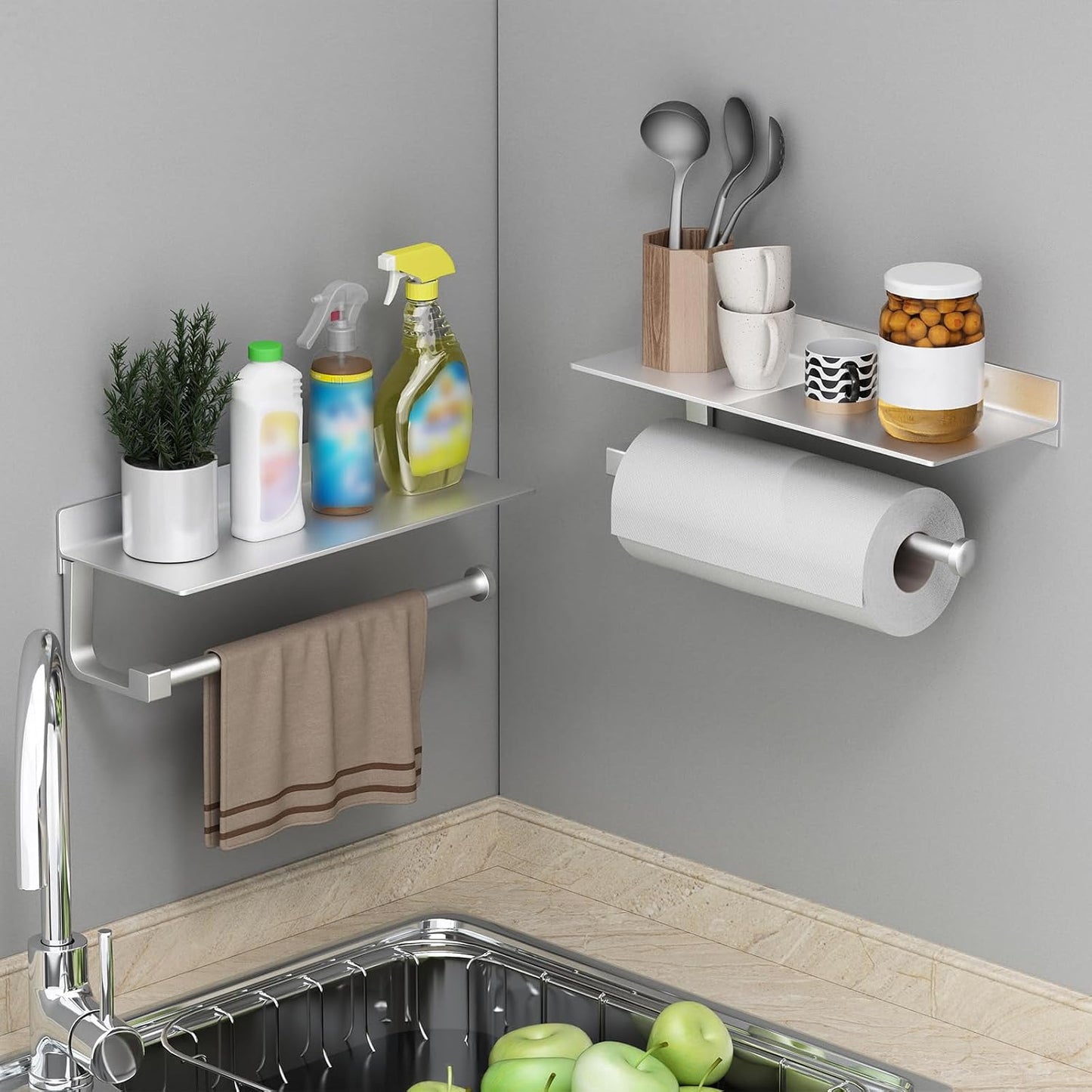 Wall Mount Paper Towel Holder with Shelf for Bathroom/Kitchen, Adhesive Hand Towel Holder, Matte Silver
