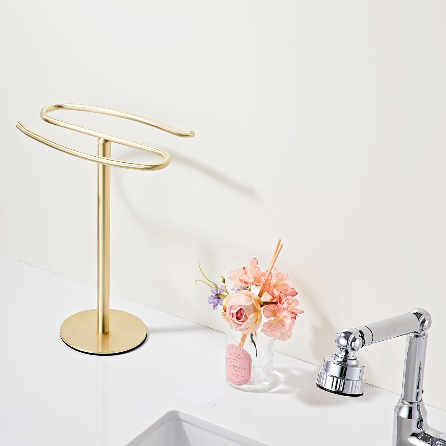 Light Brushed Gold Hand Towel Holder Stand, 13-Inch Tall Freestanding Towel Rack with Weighted Base, SUS304 Stainless