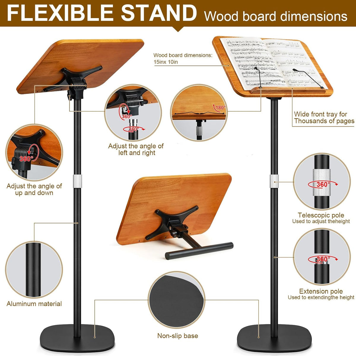 2 in 1 Dual-use Music Stand & Desktop Book Stand, Adjustable Height 16.5"-51", 100% Solid Wood Laptop Floor Stand Book