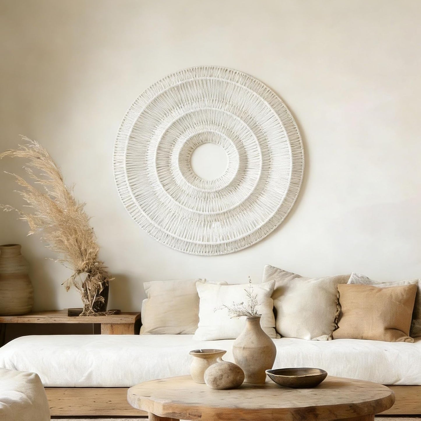 3D Round Boho Wall Basket. Large Rustic Wall Art / Beige
