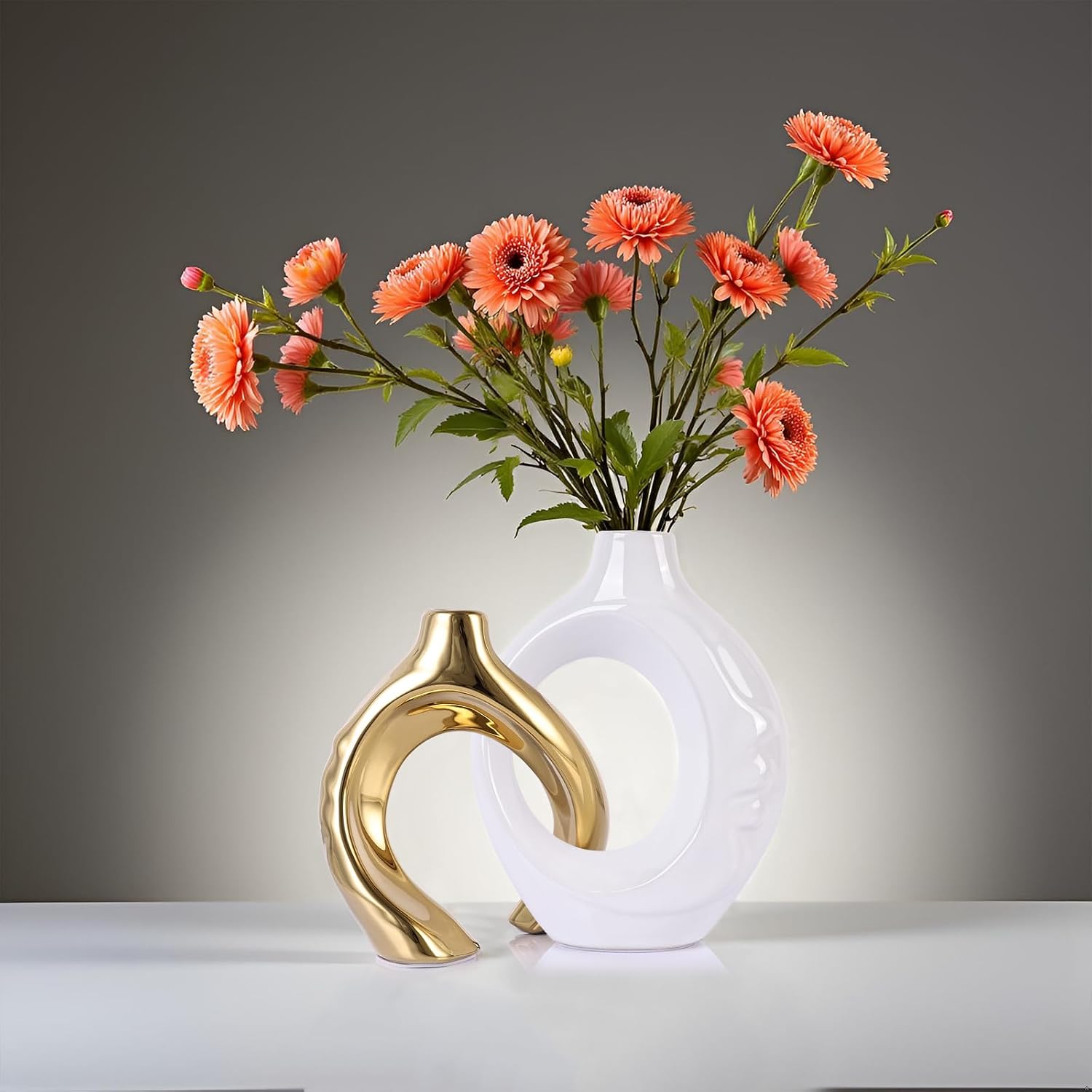 Ceramic Vases / Boho Vase for Flowers Pampas Grass Decorative / White and Gold