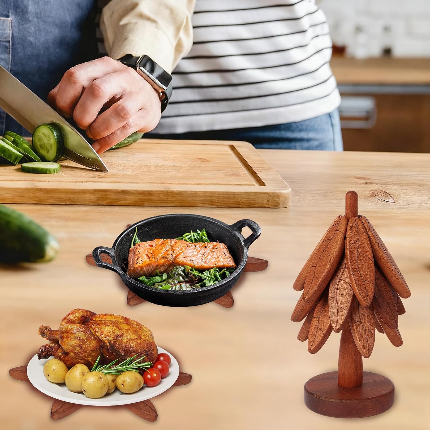 Stand / Tree Leaf Pattern Hot Pot Holders / Dark / Set of 5