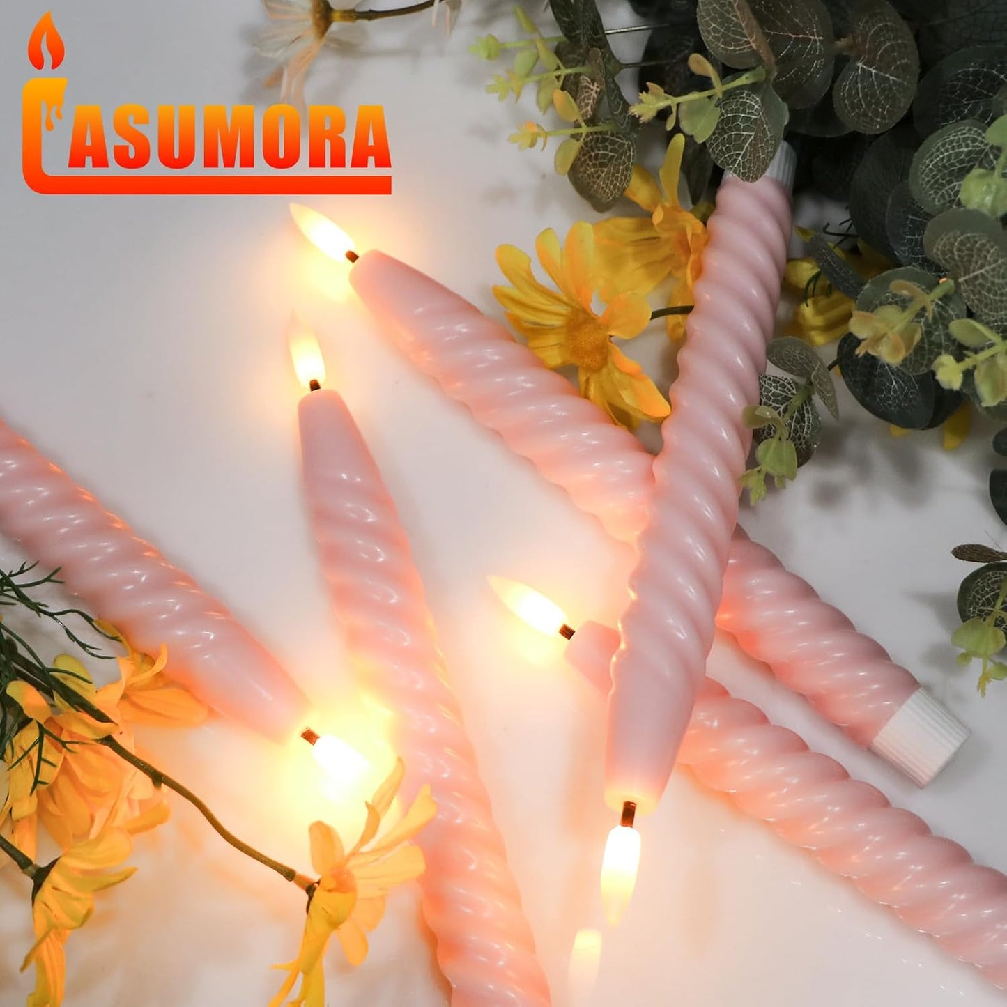Pink Flameless Taper Candles Flickering with Remote Timer | LED Spiral Taper Candles, Flameless Candlesticks, Battery